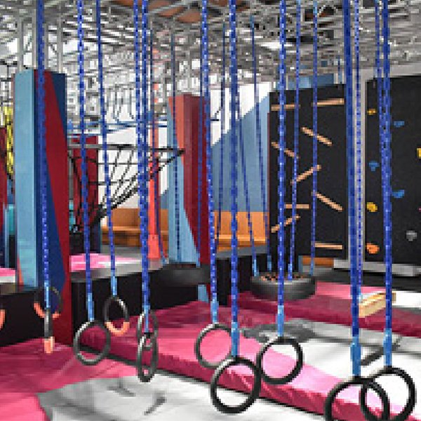 This is an area inside Indoor Ninja Parks, with a pull ring at the bottom of the rope for kids to play happily.