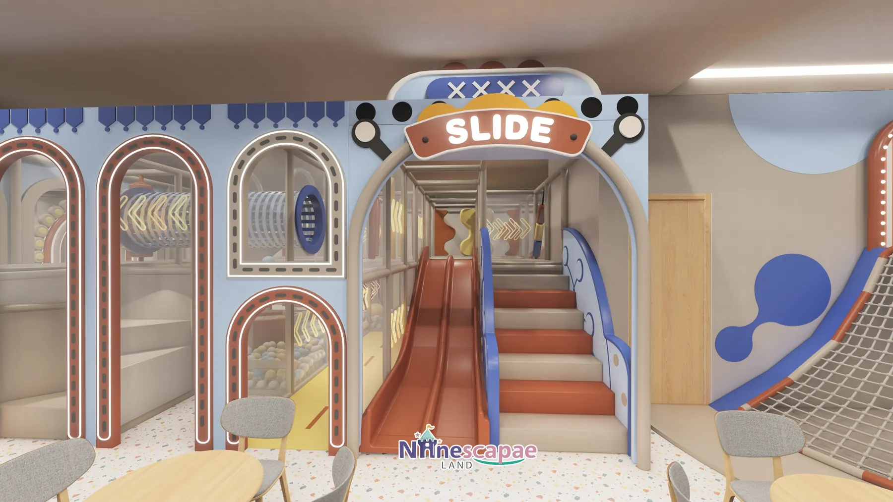 1035㎡ Indoor Playground in Germany indoor playground Germany 8 Germany - Option B red twin drop slide behind the SLIDE arch