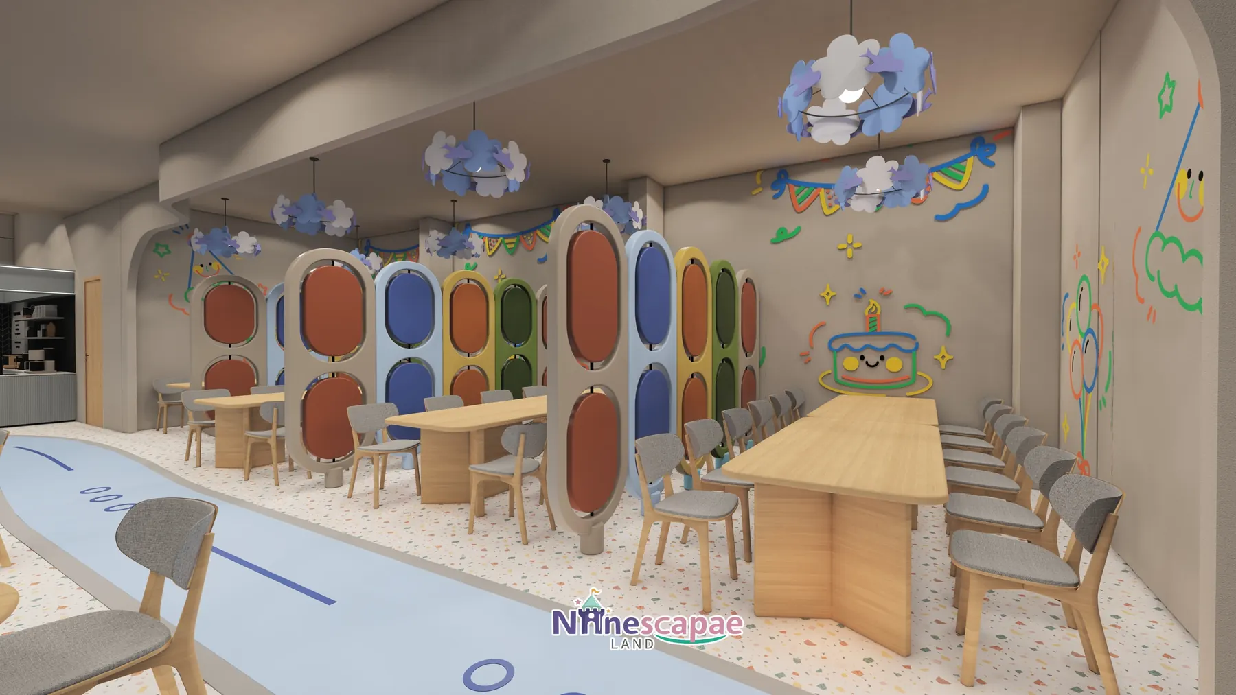 1035㎡ Indoor Playground in Germany indoor playground Germany 11 Germany - Party long-table area under cloud pendant lights