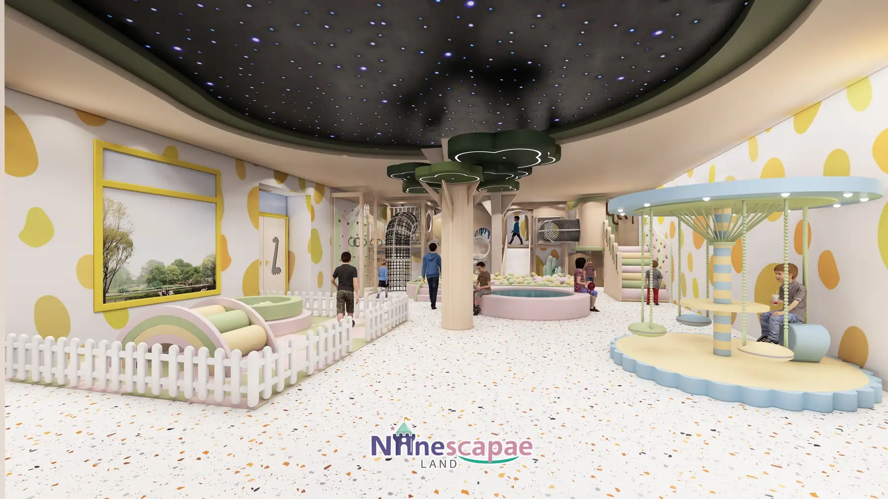 Latvia 112sqm soft play centre - starry-sky ceiling and umbrella swing panorama