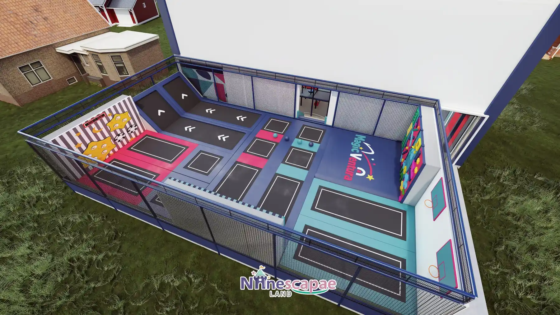 1200㎡ Indoor Playground Project in Spain indoor playground Spain 8 Spain - Rooftop trampoline terrace, aerial view
