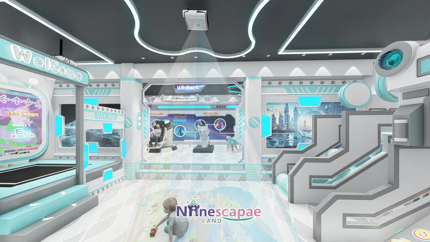 Romania - Main game hall panorama - arcade cabinets, interactive projection floor and VR-Park doorway