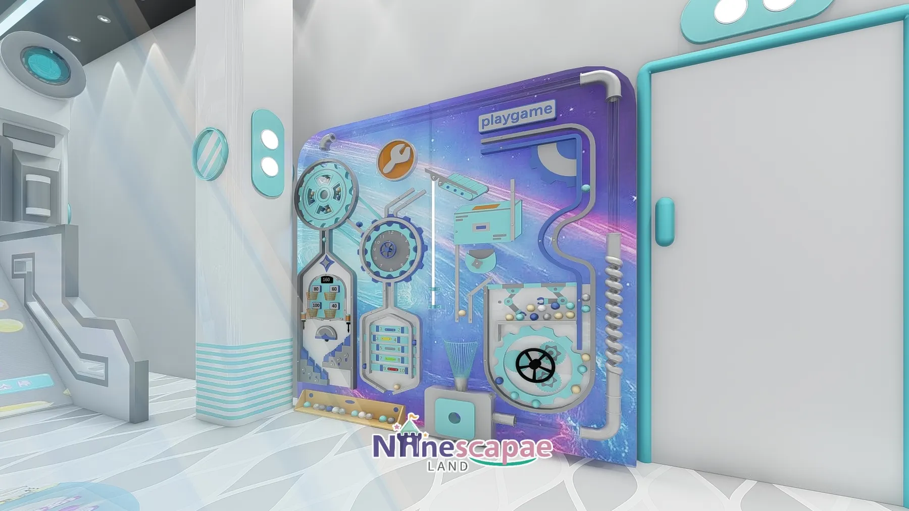 Romania - playgame interactive wall panel close-up - gears, marble runs and steering wheels