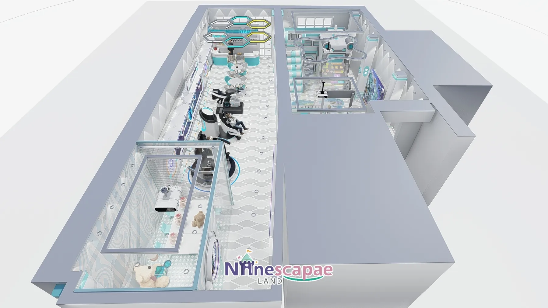 Romania 123sqm role play centre - axonometric view of the space-themed VR and party venue