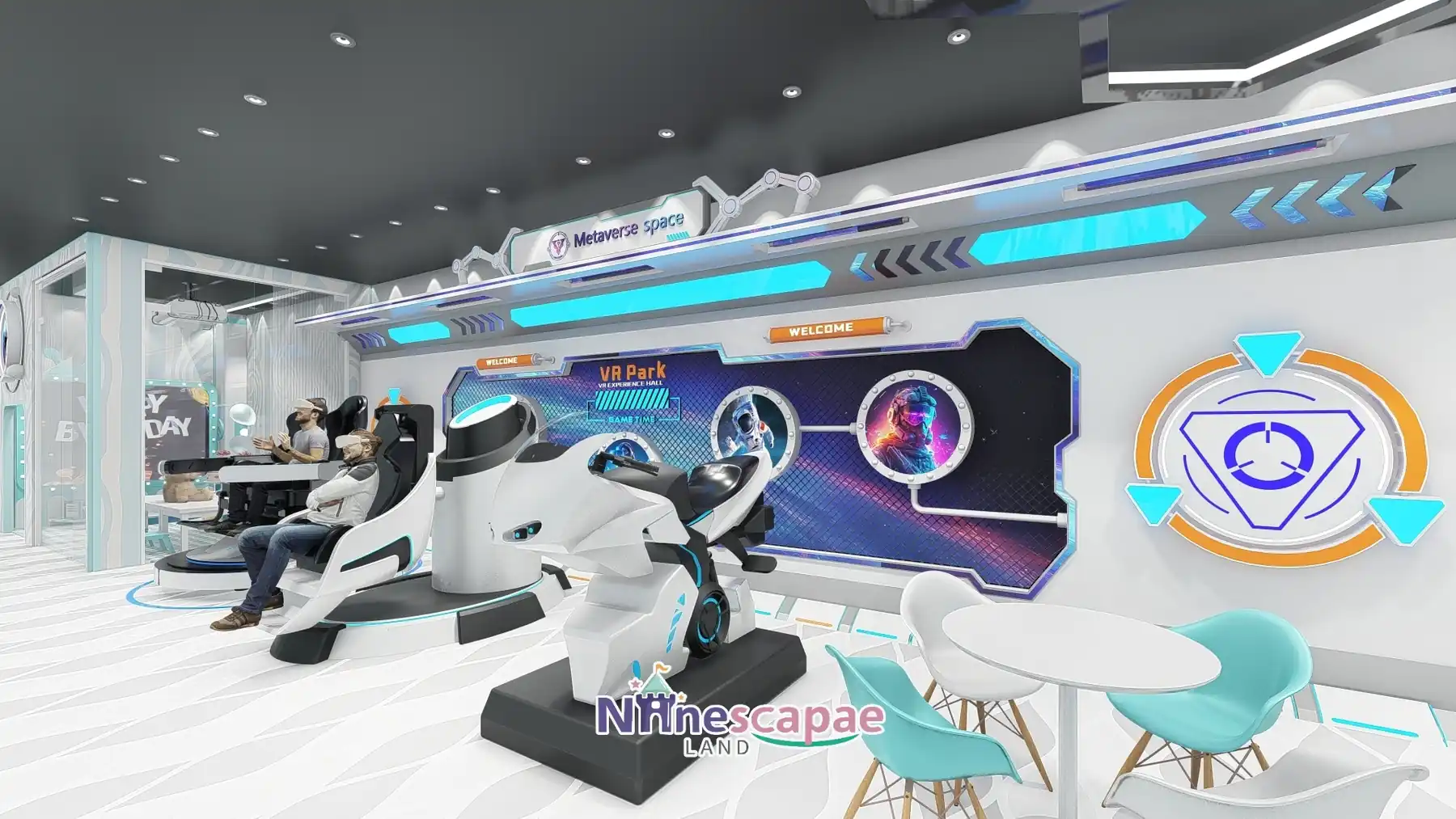 Romania - VR motion-seat row with headsets and cyber-city backdrop