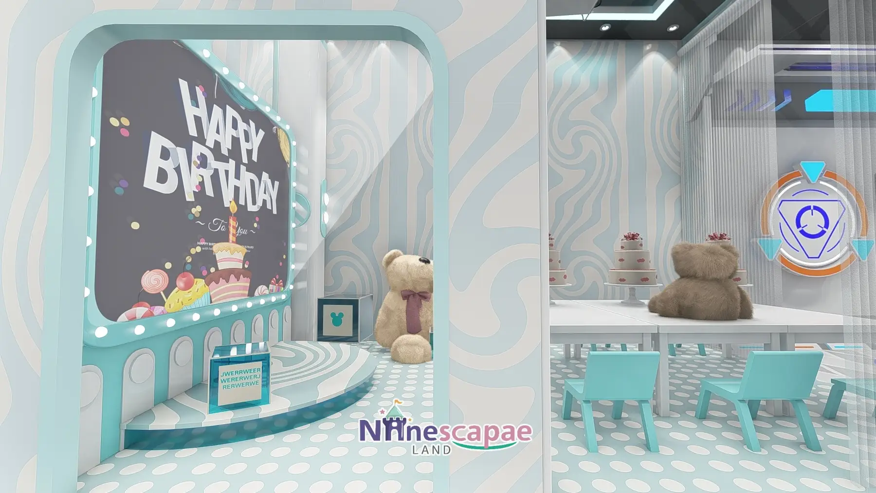 Romania - Birthday party room with HAPPY BIRTHDAY backdrop, teddy props and long table