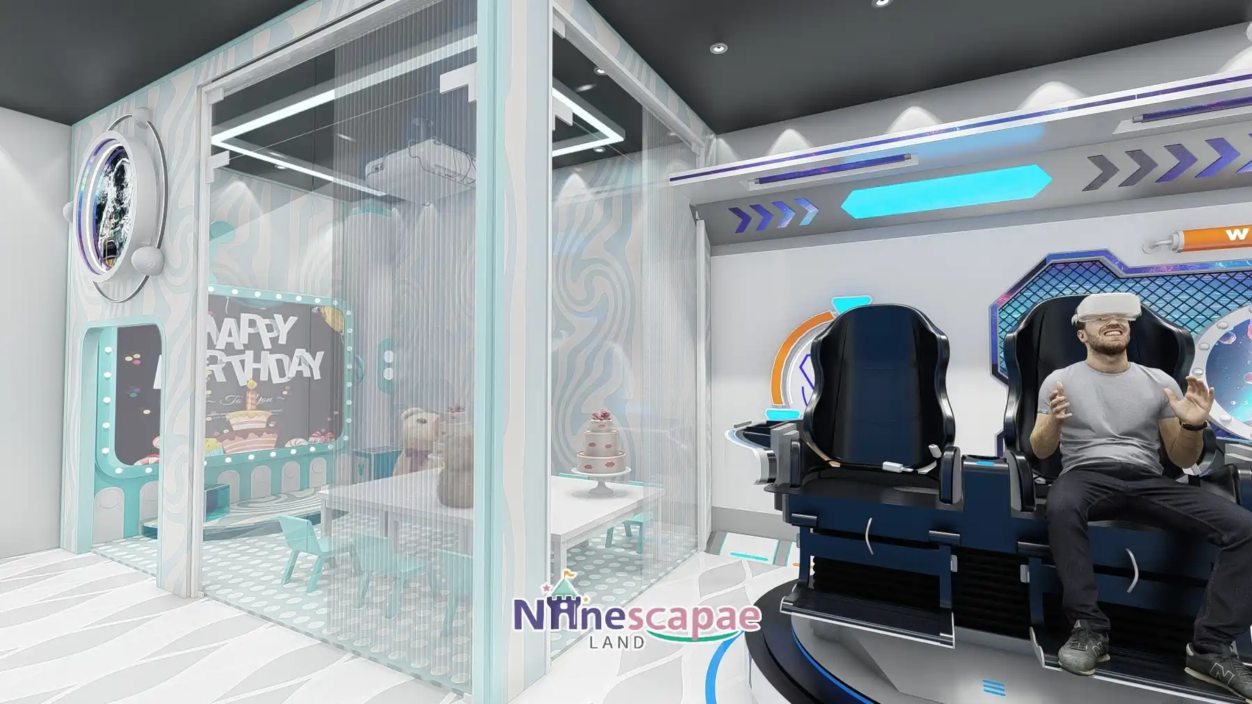 Romania - Two-seat rotating VR cockpit beside the glass party room
