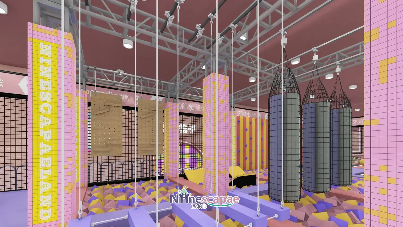 3D design of a 1,300 m² park in Canada with a foam pit beside the trampoline court