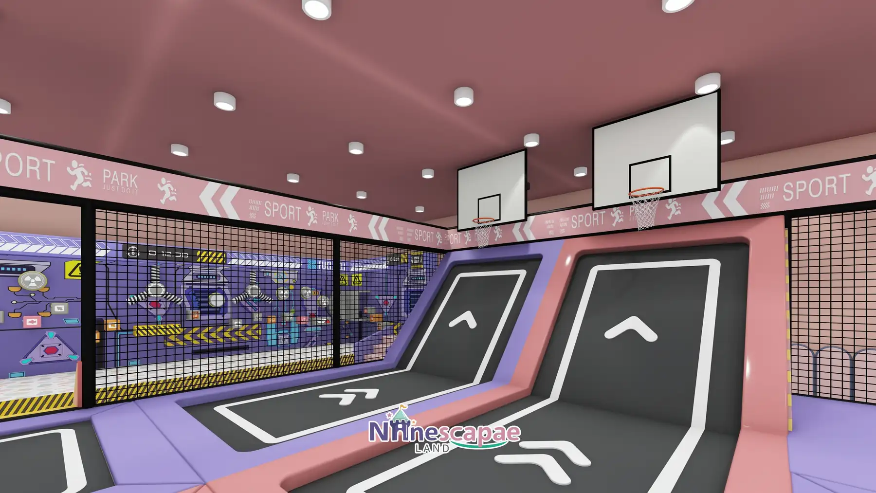 1300㎡ Indoor Playground Project in Canada indoor playground Canada 6 Canada - Trampoline slam-dunk lanes with double hoops