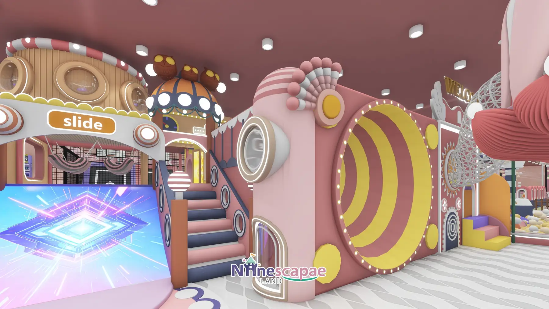 1300㎡ Indoor Playground Project in Canada indoor playground Canada 2 Canada - Wooden castle slide tower with LED floor projection