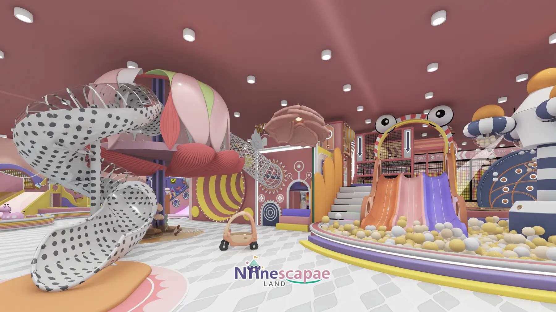 1300㎡ Indoor Playground Project in Canada indoor playground Canada 4 Canada - Dalmatian-spot spiral slide under the giant flower crown