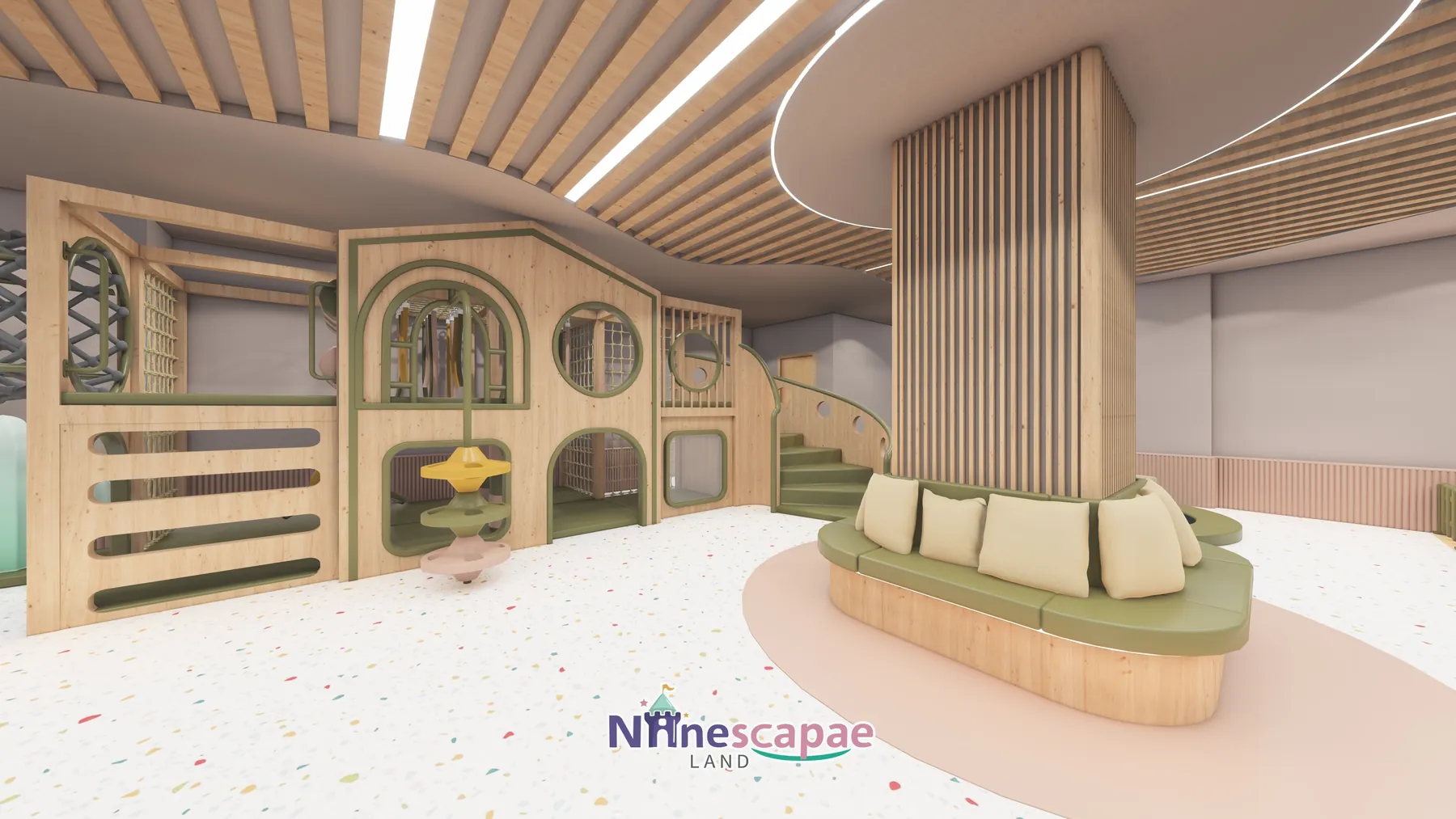 161㎡ Role-Play Centre Project in Latvia role play centre Latvia 8 Latvia - Timber playhouse with round window and mushroom spinner seat