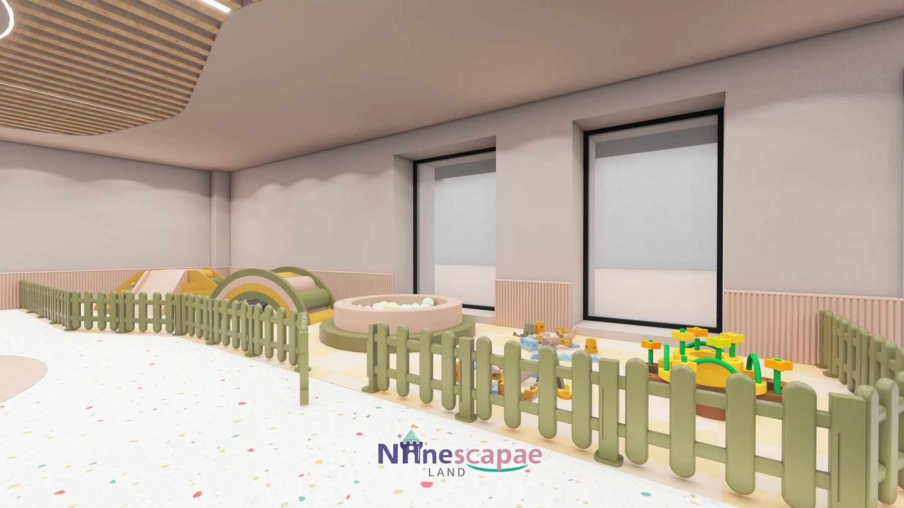 161㎡ Role-Play Centre Project in Latvia role play centre Latvia 4 Latvia - Fenced toddler zone with rainbow rocker and small ball pool