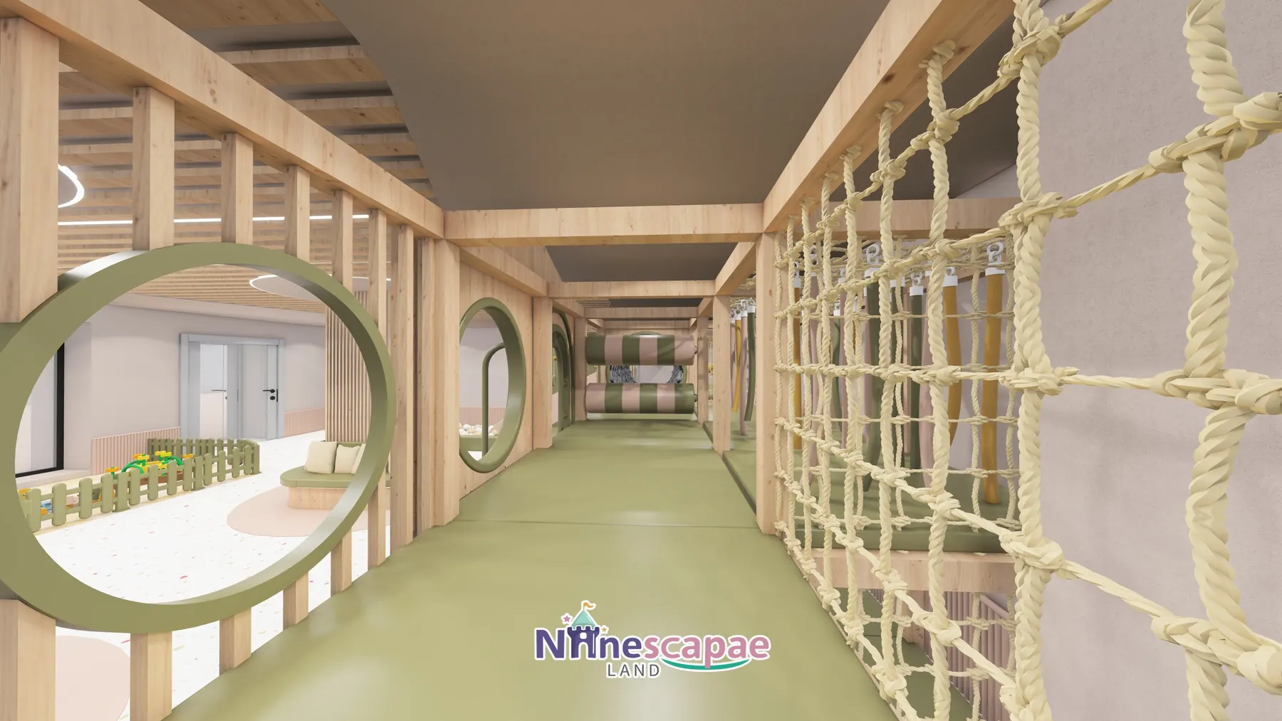 161㎡ Role-Play Centre Project in Latvia role play centre Latvia 7 Latvia - Upper platform walkway with oval windows and rope-net guarding