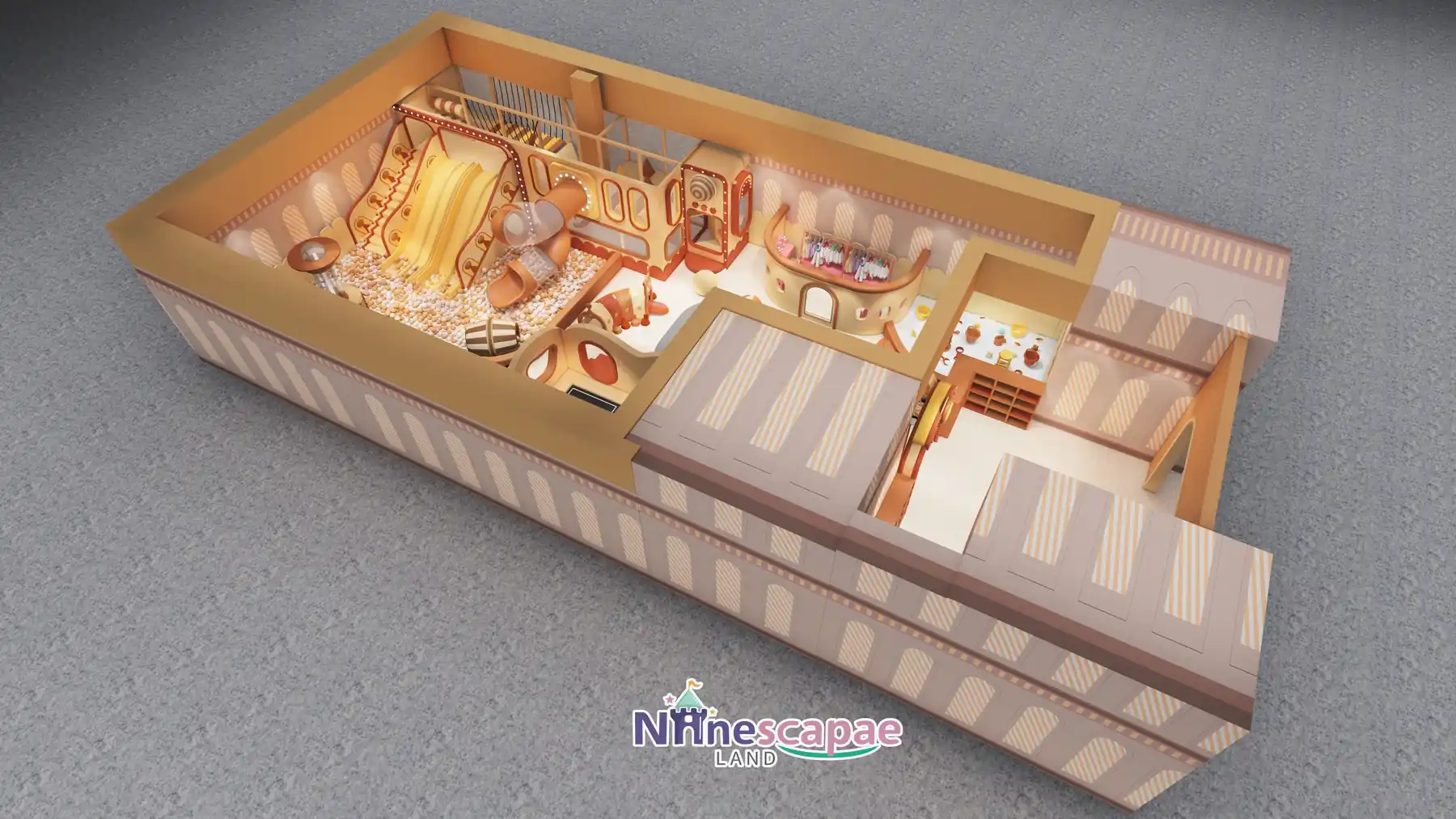 Iran 167sqm role play centre - axonometric layout view from the slide-bay side