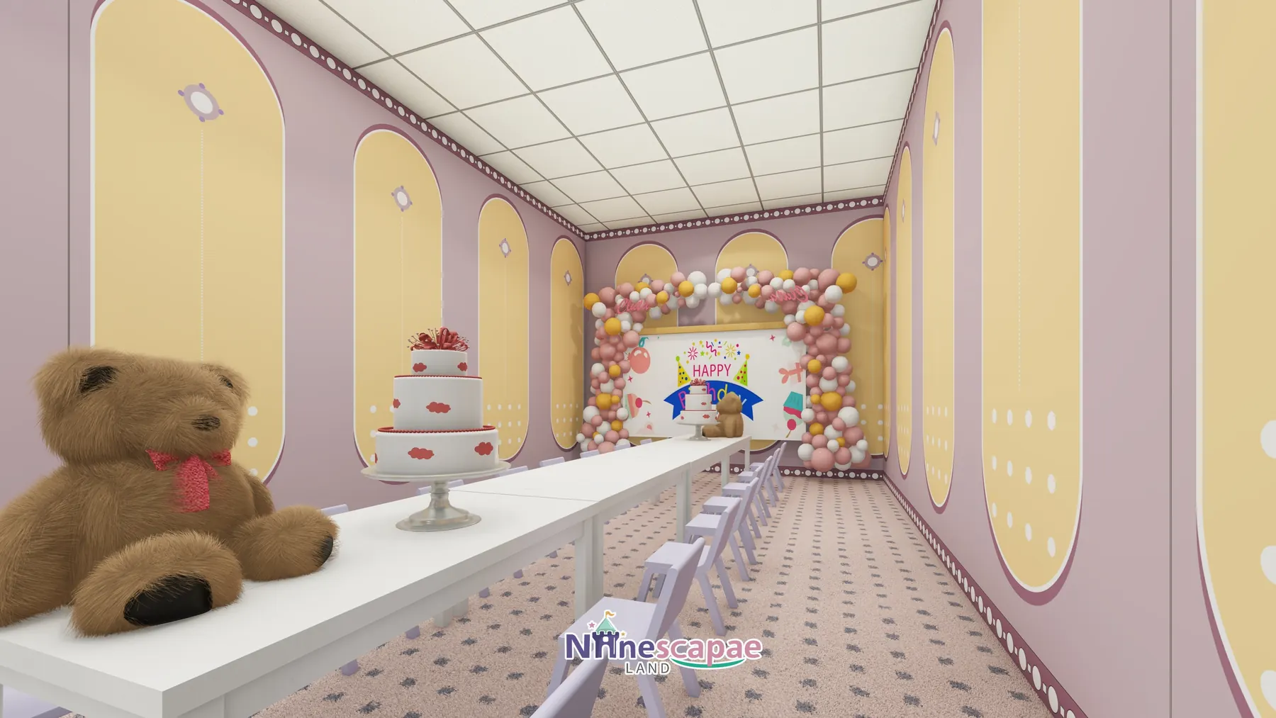 the USA - Birthday House interior with balloon arch and teddy bear