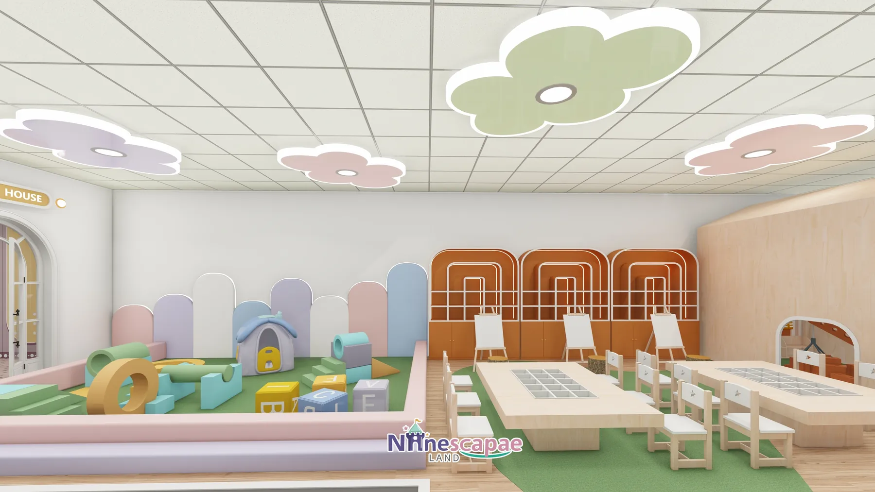 the USA - Ball pit with wooden game-panel wall and slides