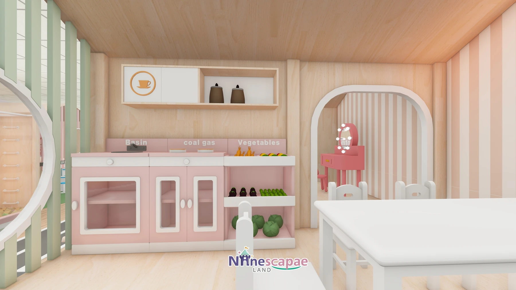 the USA - Pink kitchen role-play - stove side with labelled zones