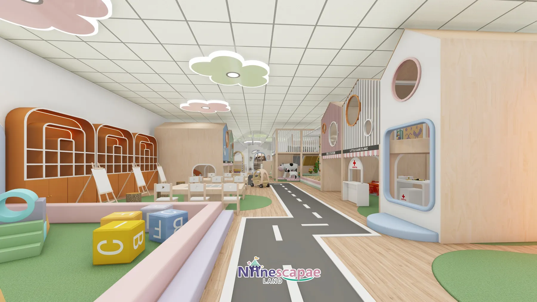 the USA - Main street view - playhouses, grey road and reading area
