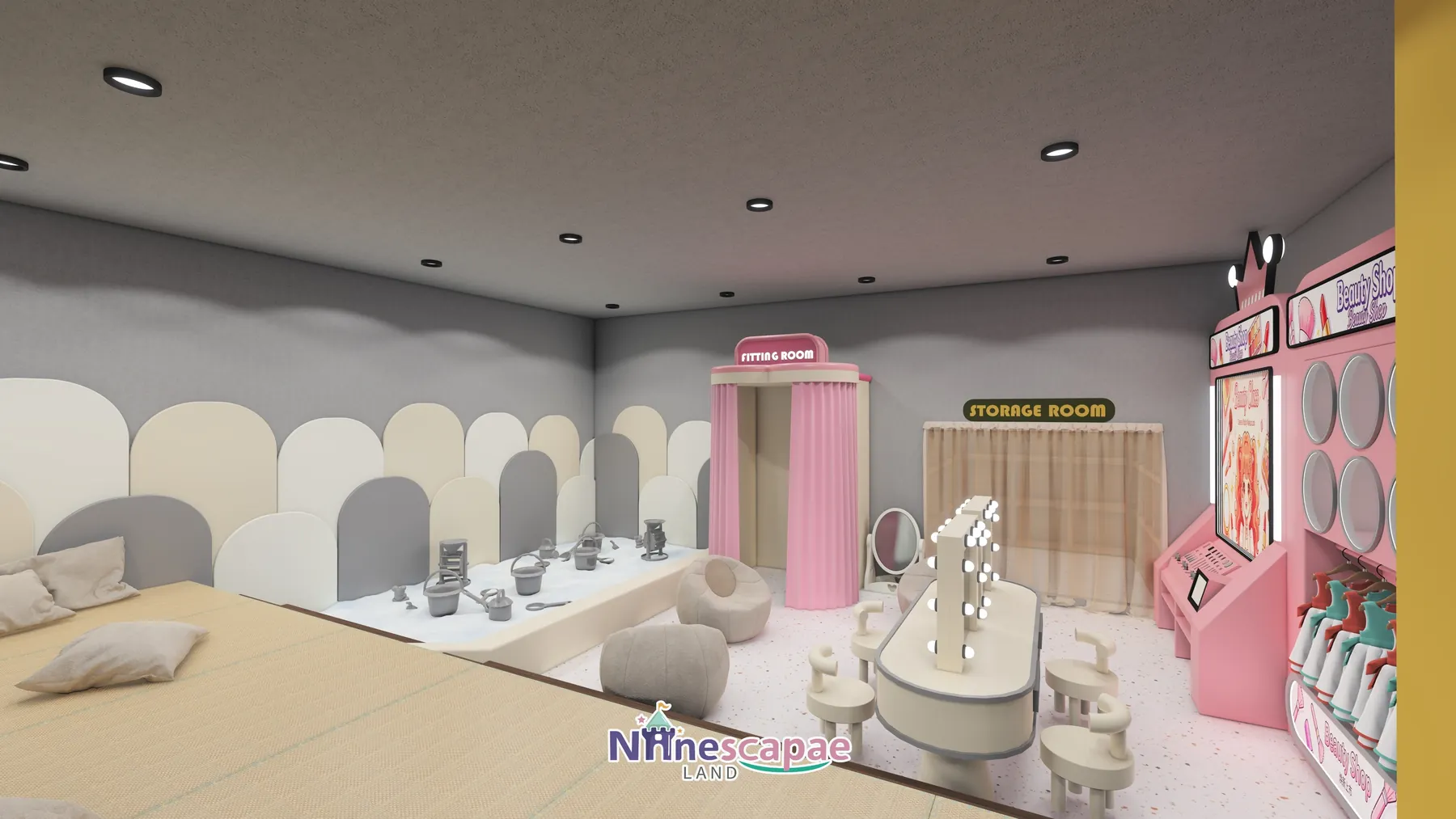 Thailand - Pink Beauty Shop corner with bulb vanity mirrors and fitting room
