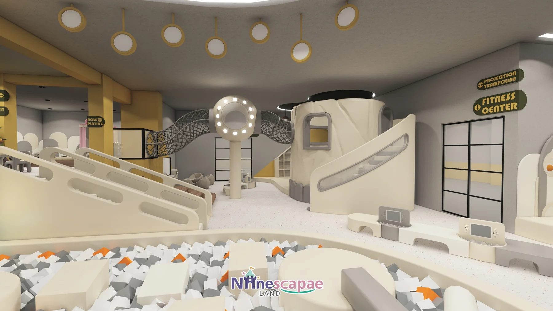 Thailand 285sqm soft play centre - second-level platform with net tunnel and slide combination