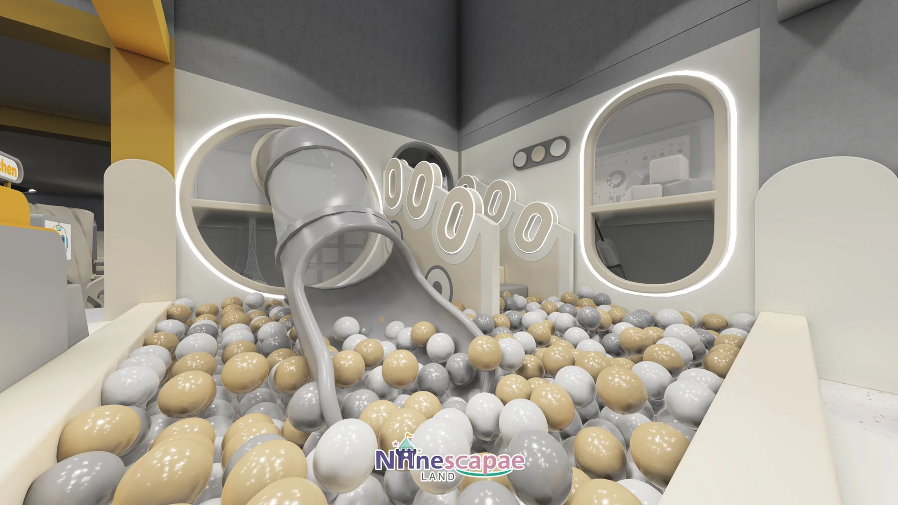 Thailand - Ball pit with grey spiral tube slide and porthole wall