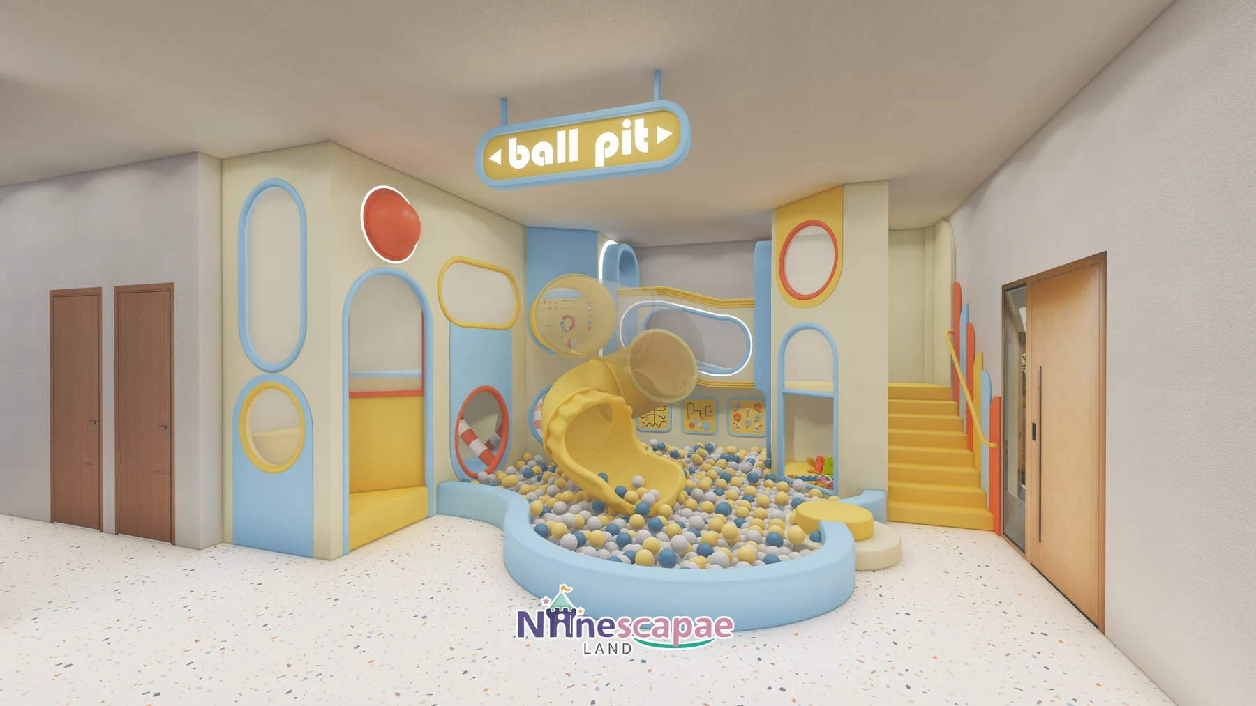 Moldova - Front panorama - ball pool, wave slide, staircase and ball pit lightbox sign