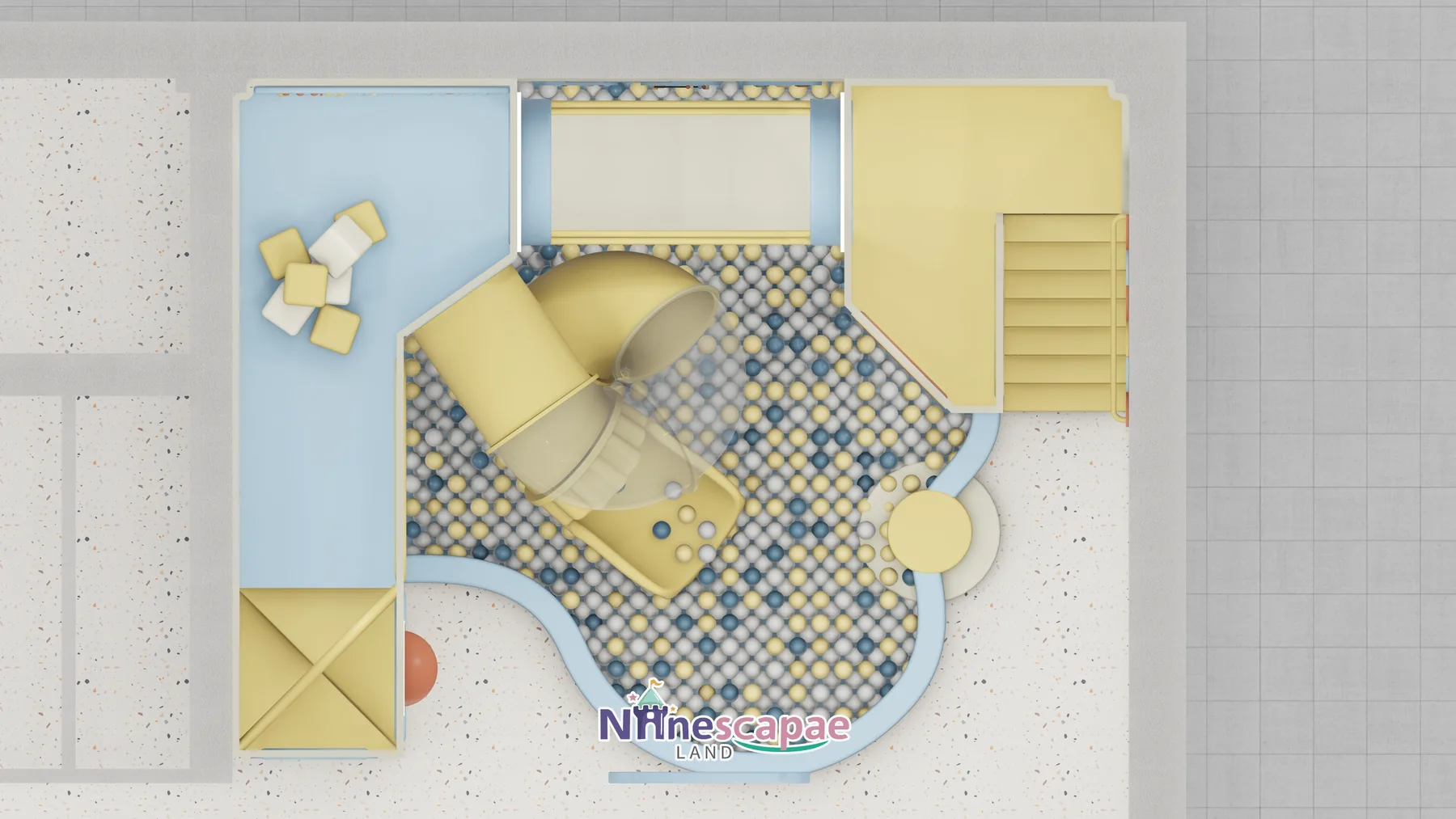 Moldova 31sqm soft play - top-view floor plan with the teardrop pool, stair and platform