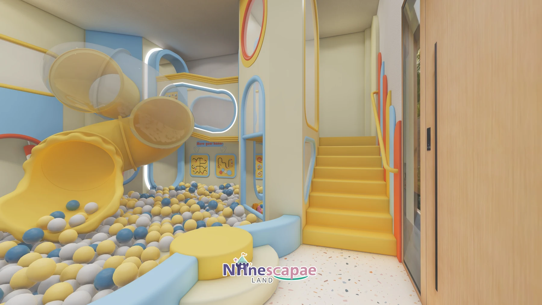 Moldova - Ball pool, yellow wave slide and padded stair in close-up