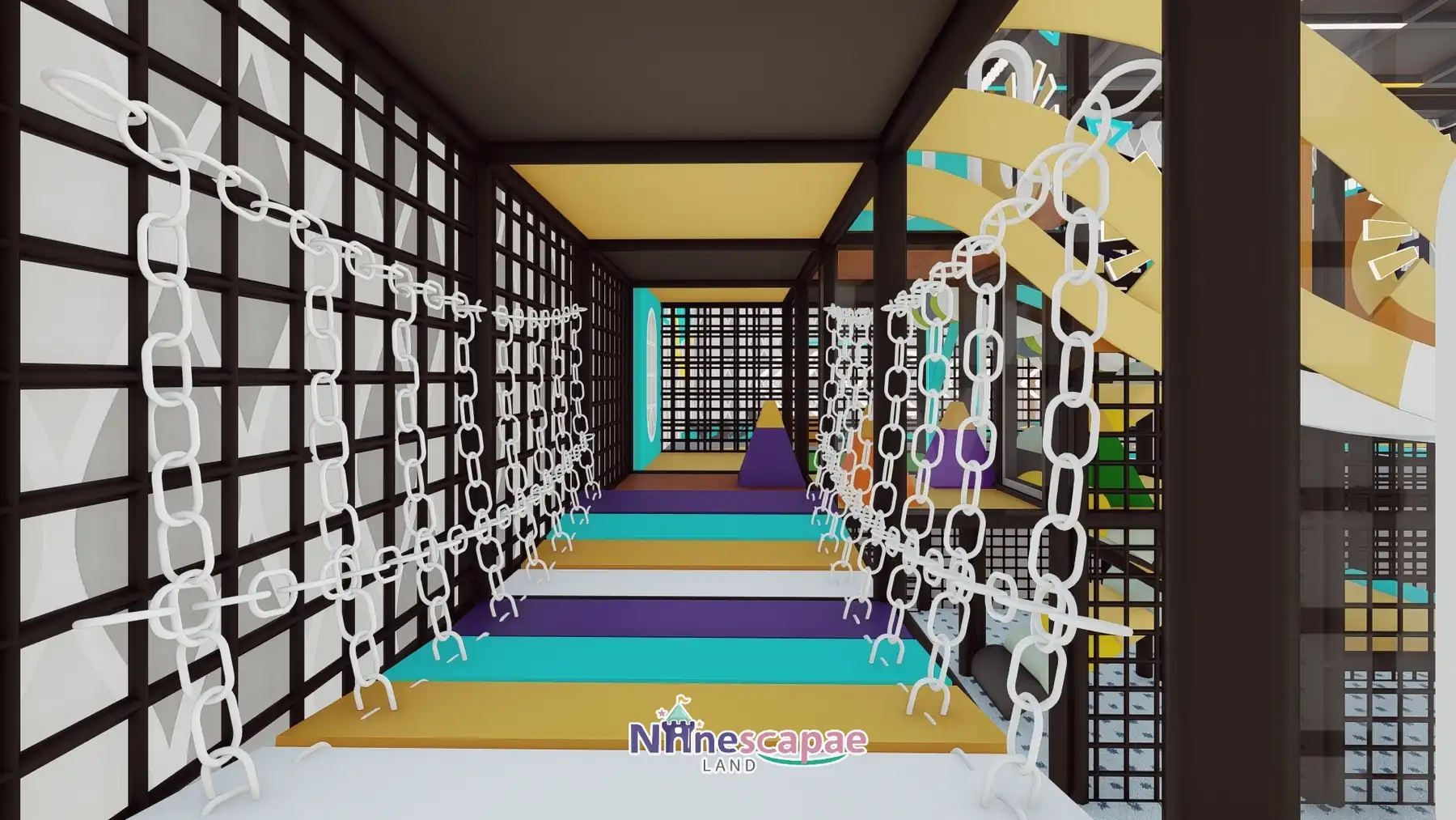 USA 360sqm trampoline park - top view of the ball pool, wave slides and frame second level