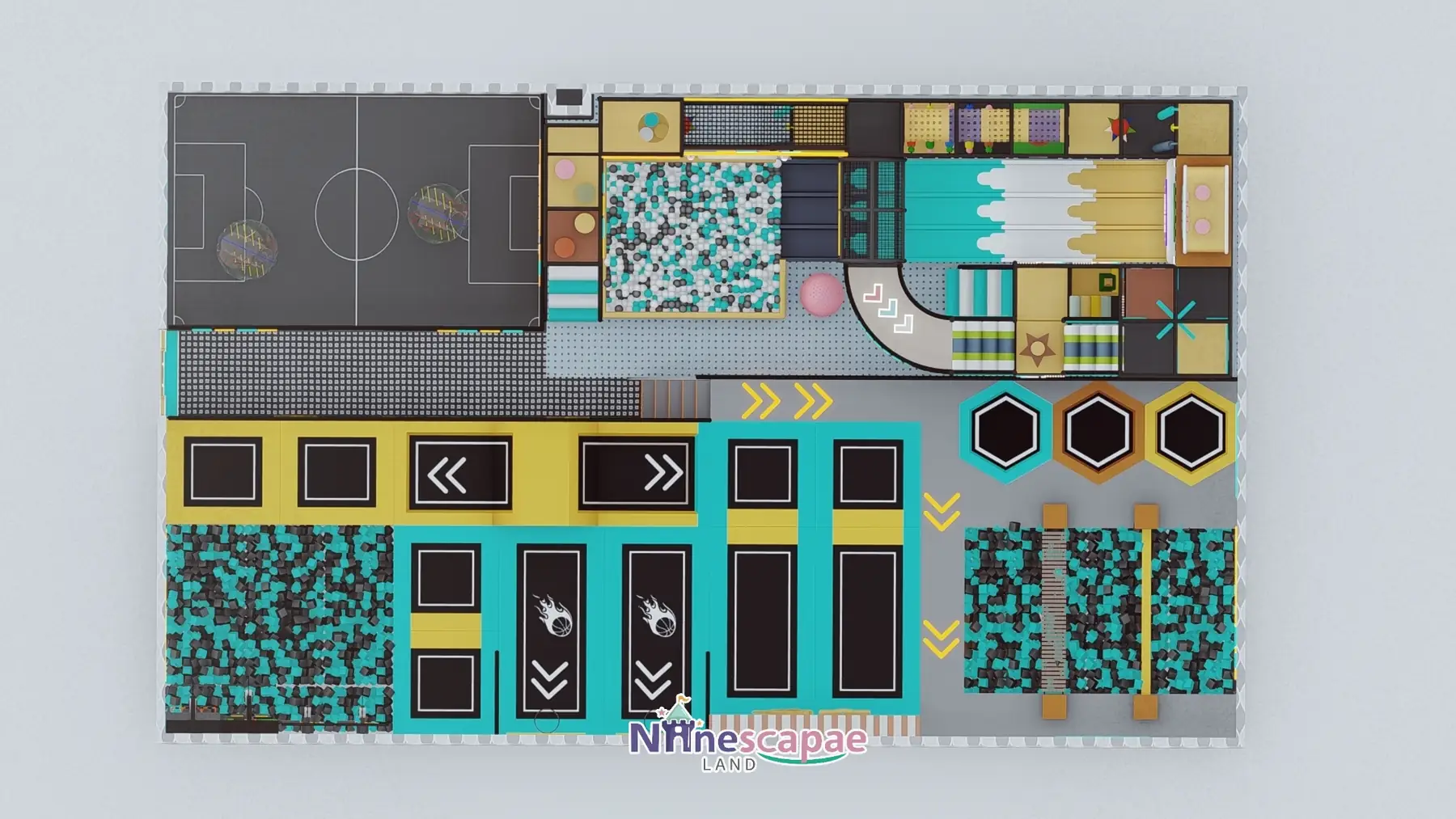 USA 360sqm trampoline park - floor plan with zoning and circulation