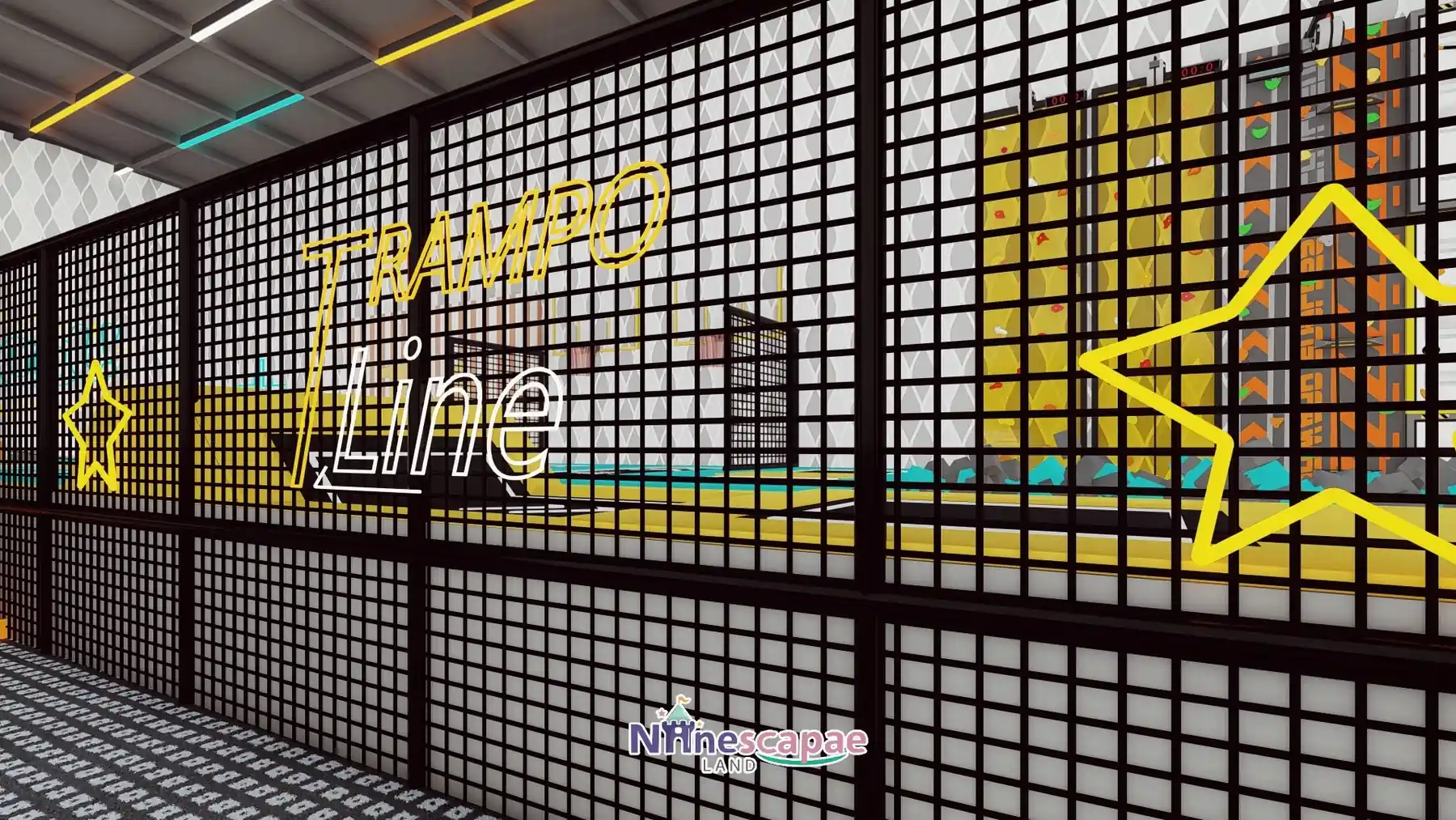 the USA - TRAMPO Line neon sign and trampoline fencing