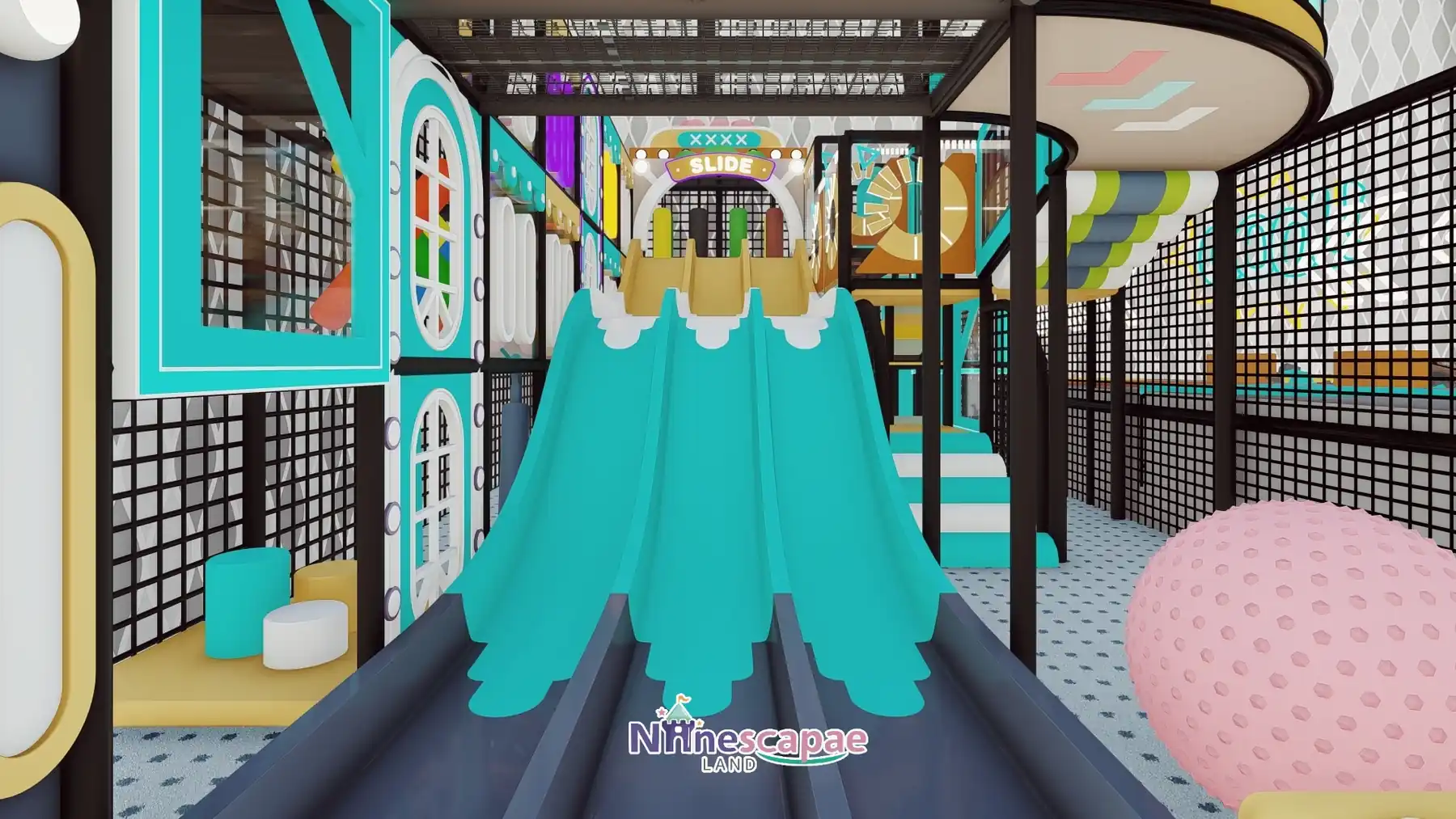 the USA - Three teal wave slides under the SLIDE sign arch