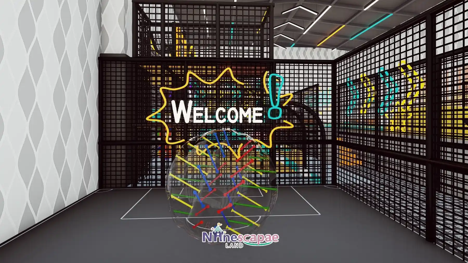 the USA - Collision balls and WELCOME neon at the pitch entrance