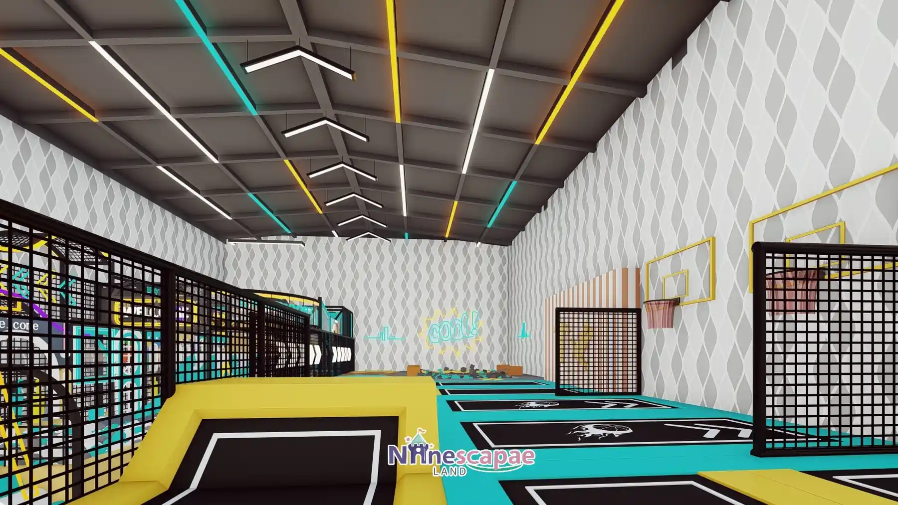 the USA - Trampoline lanes with slam-dunk hoops at the end wall