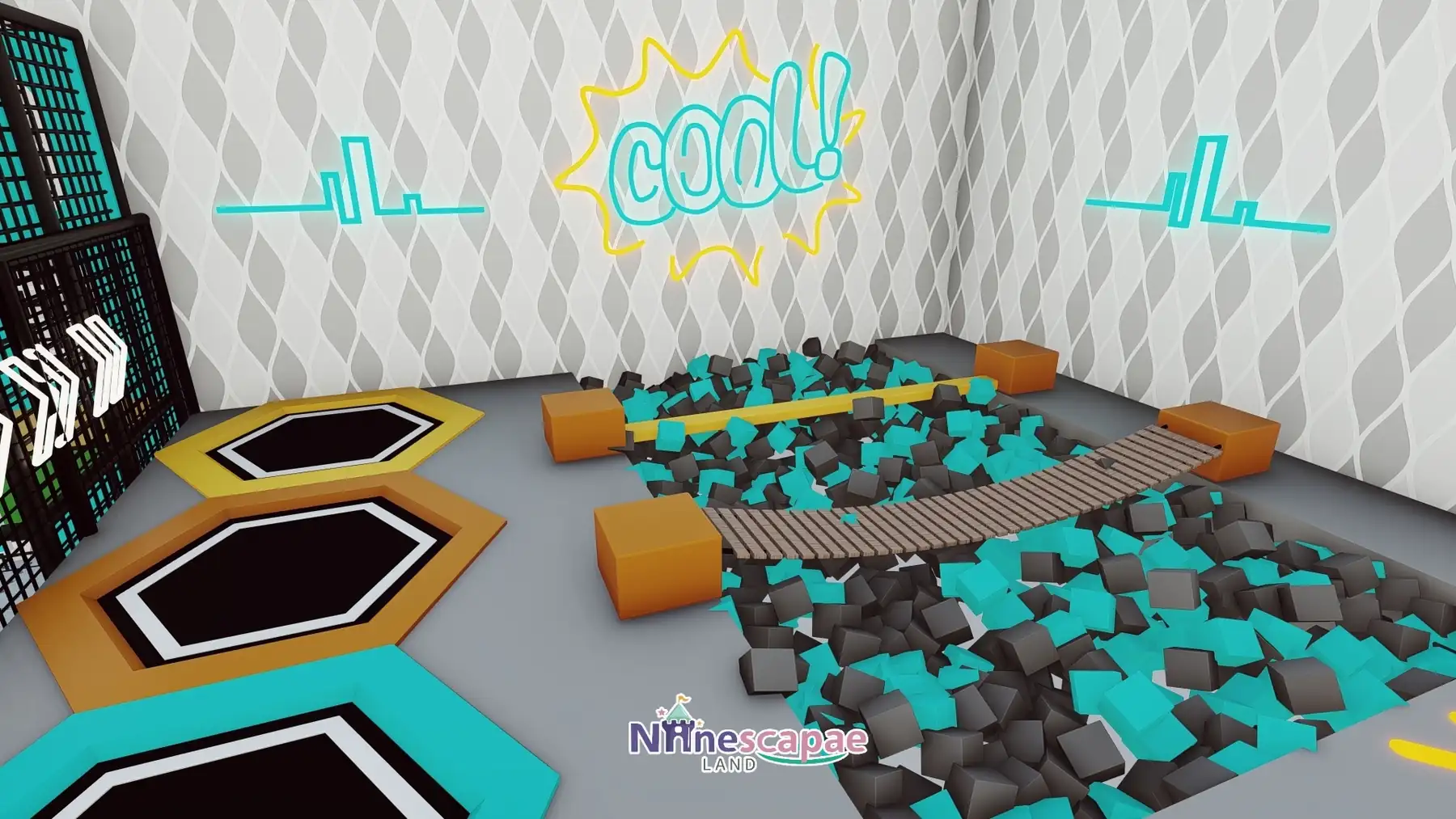 the USA - Foam pit with arc wobble bridge beside the hexagon trampolines