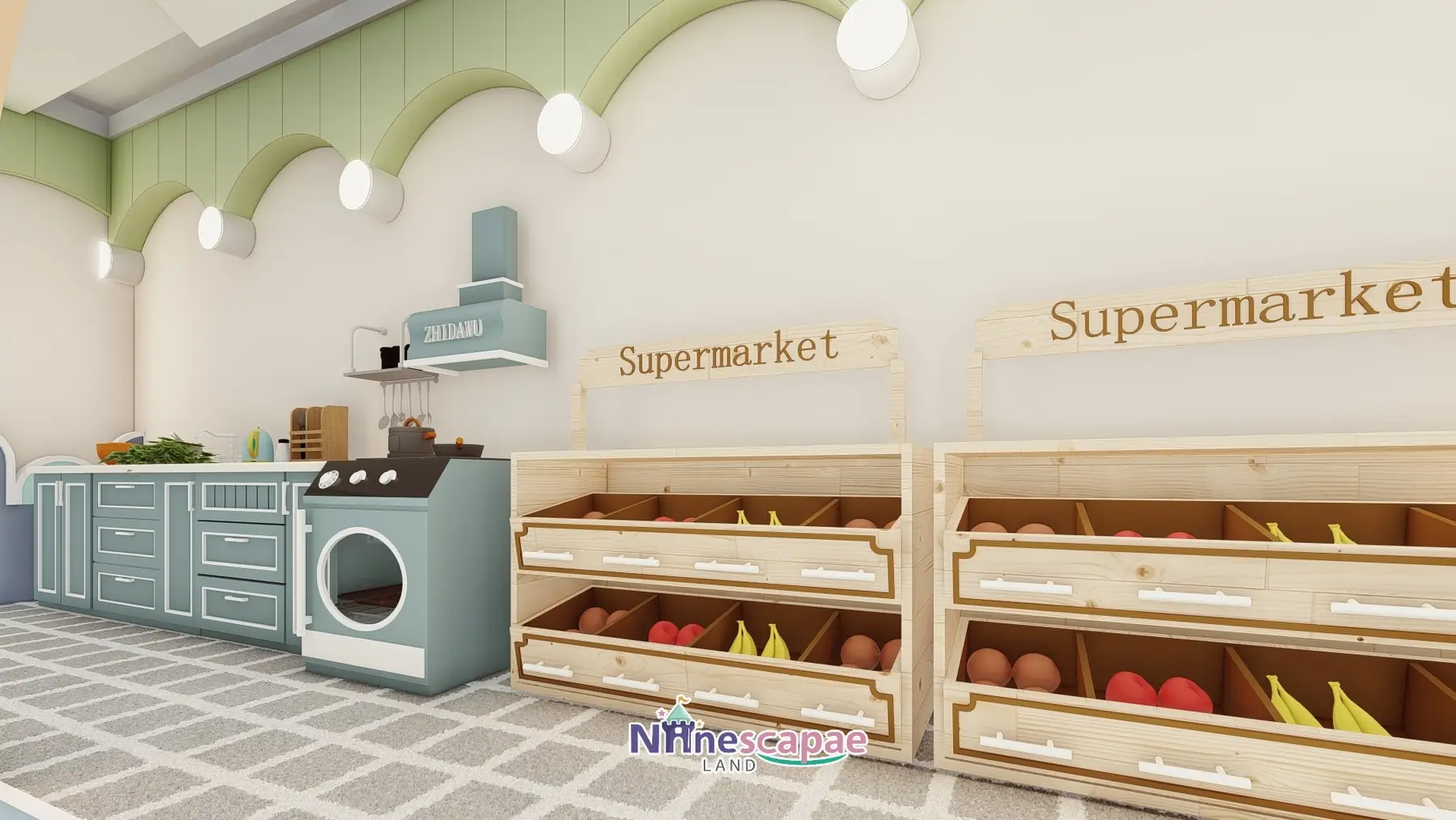 Moldova - Supermarket shelves and kitchen corner in the role-play street