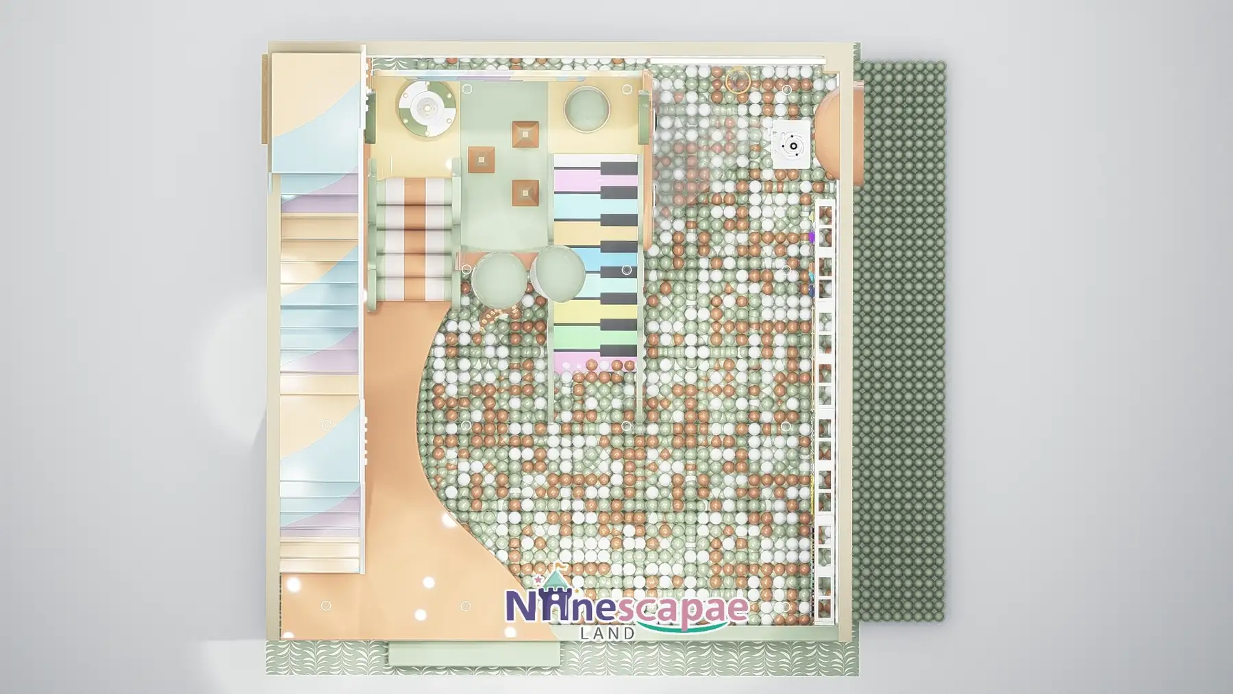 Gansu 41sqm soft play - floor plan of the macaron study with pool, stairs, mezzanine and climbing wall