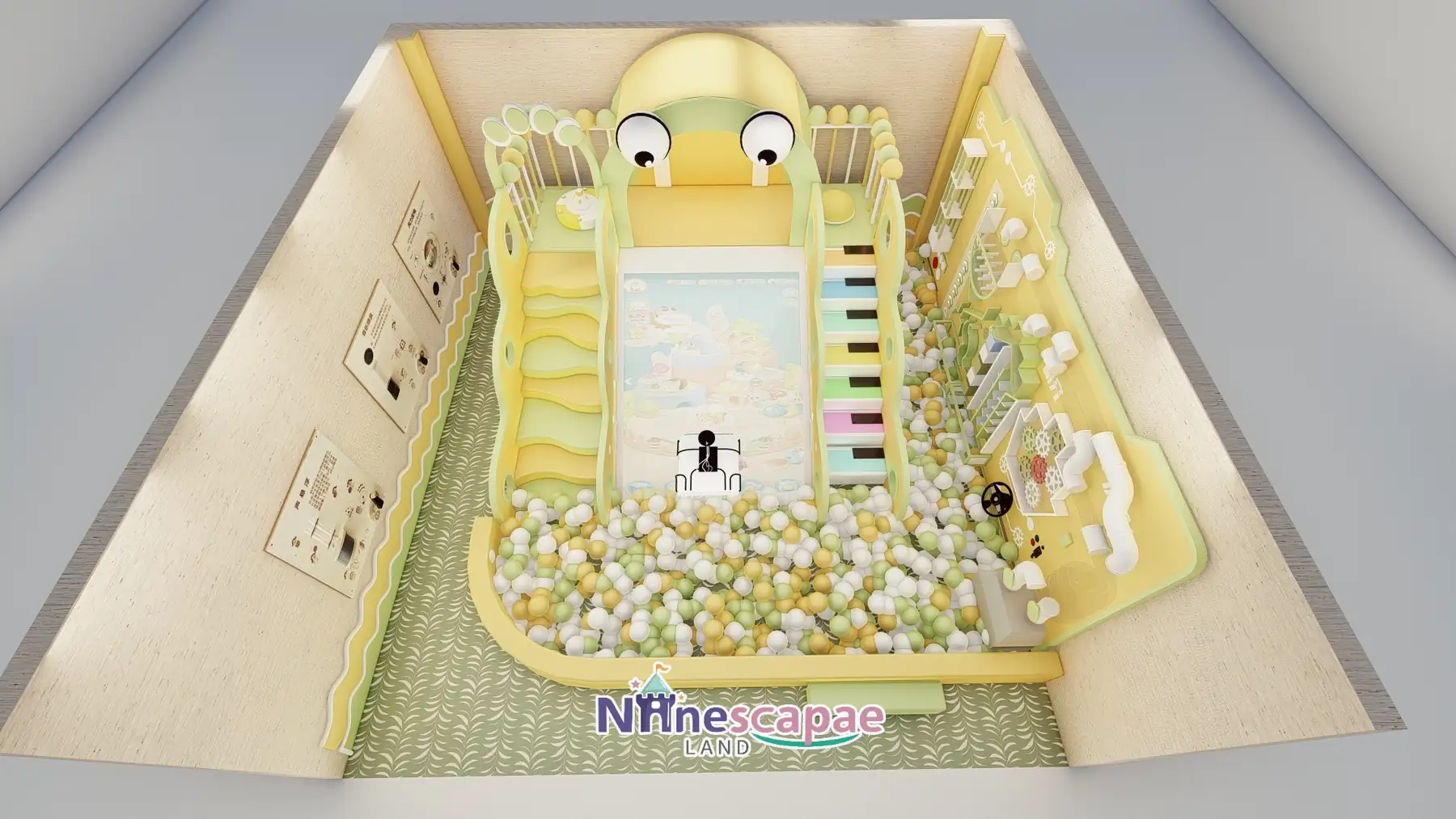 Gansu 41sqm soft play - top axonometric of the science study with the exploration wall and ball pool