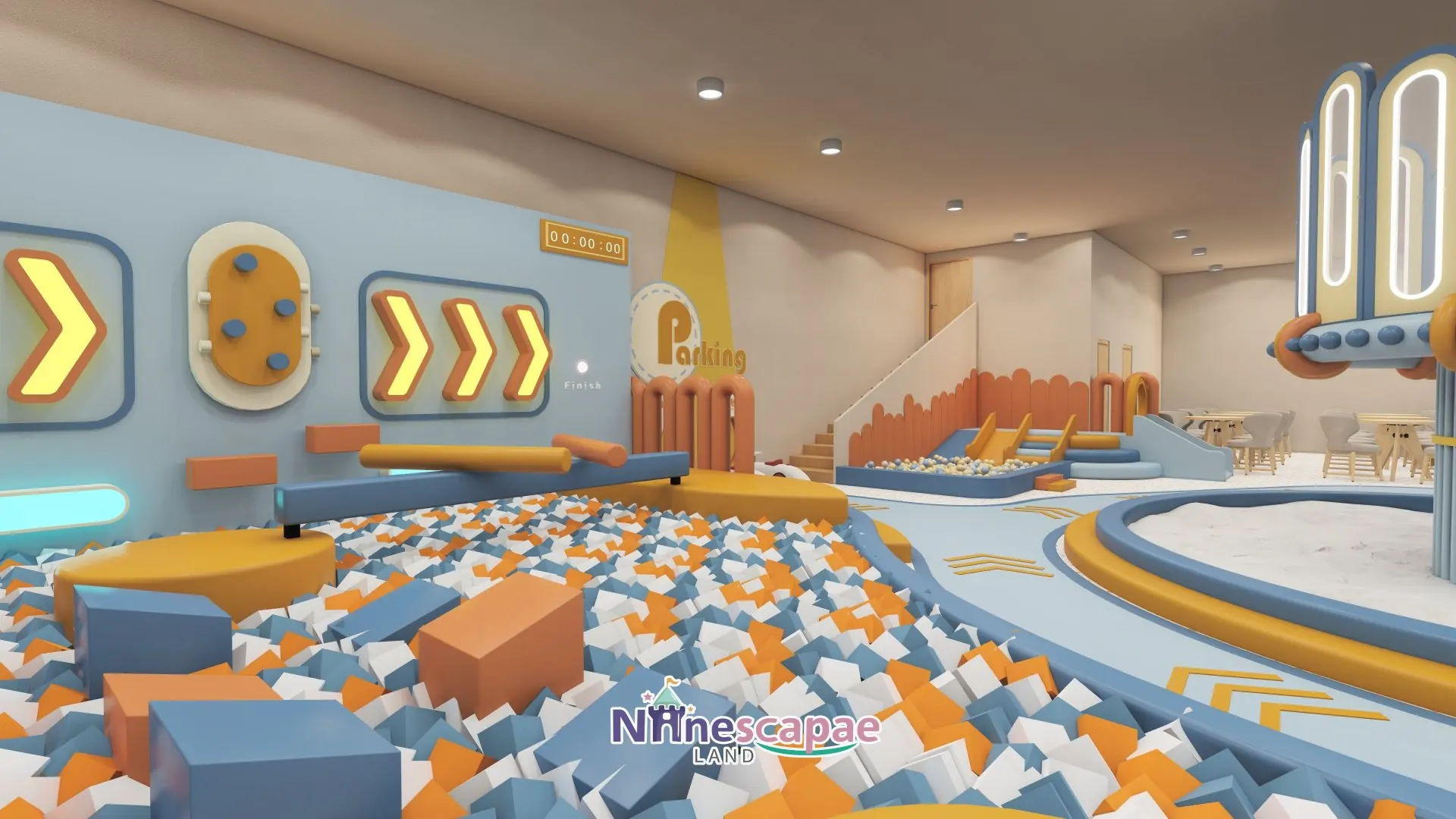 3D design of a 460 m² family entertainment center in the USA with a foam pit