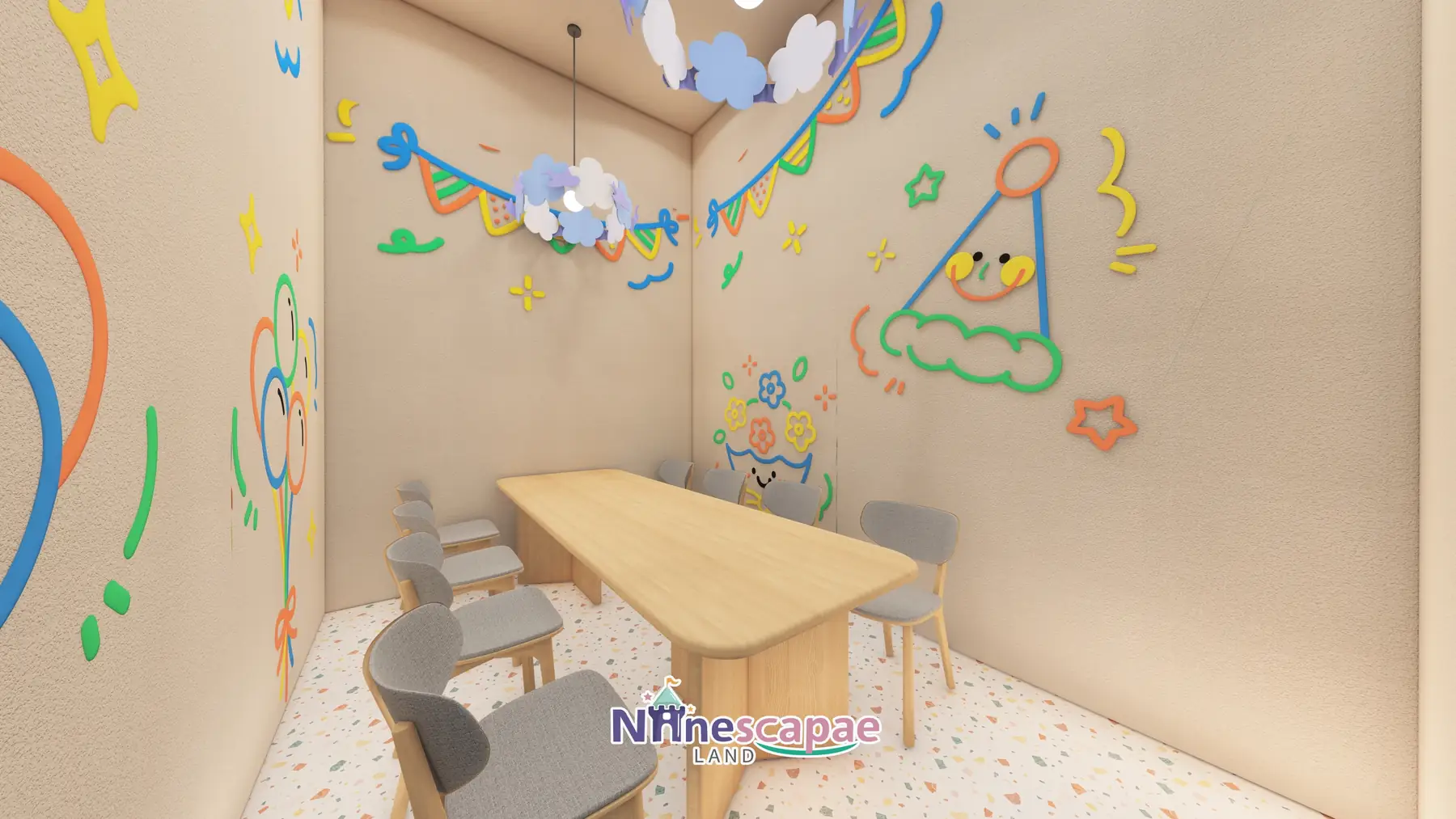 the USA - Birthday party room with graffiti wall and cloud pendants