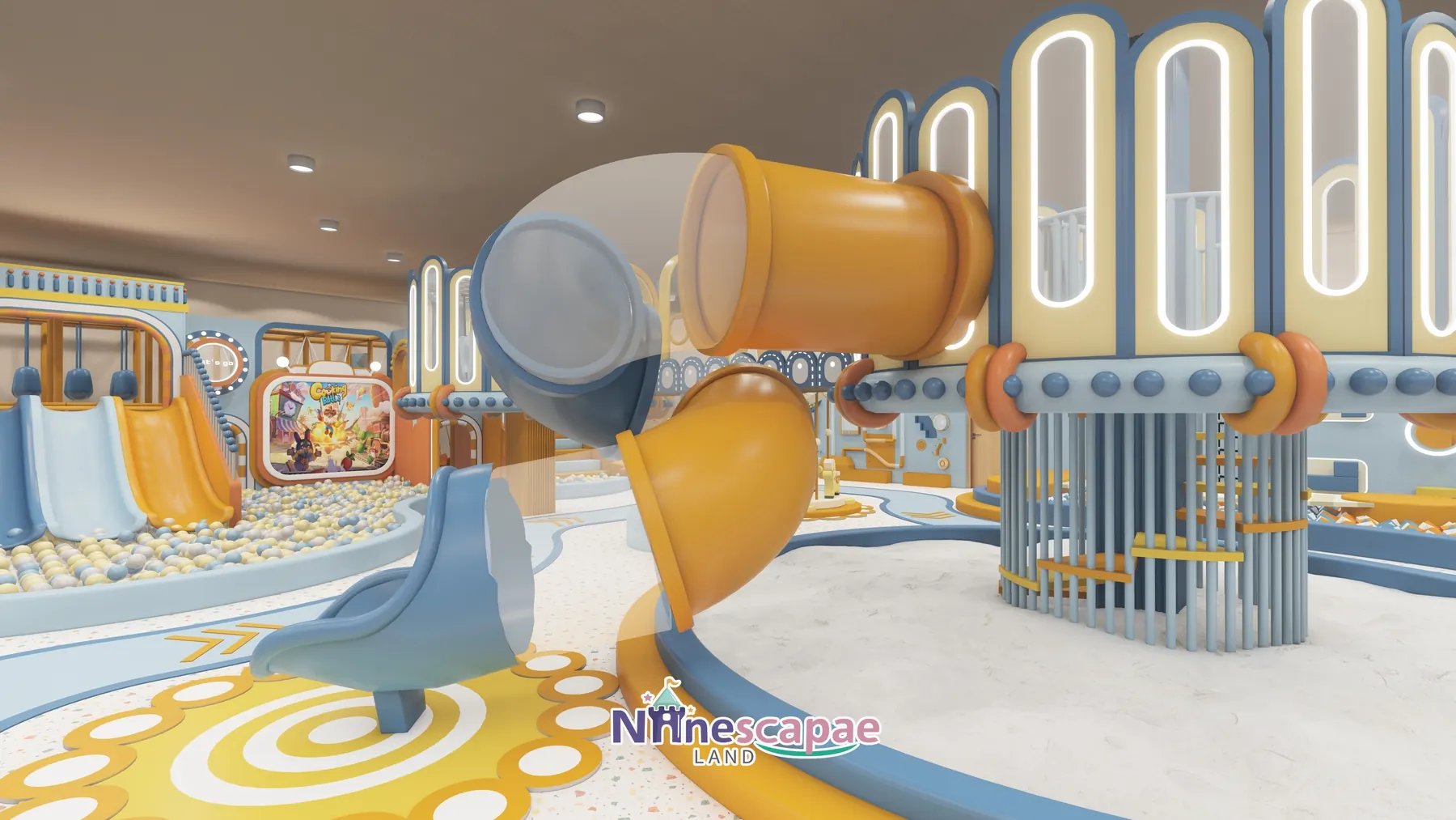 the USA - Orange tube slide and blue arc slide landings