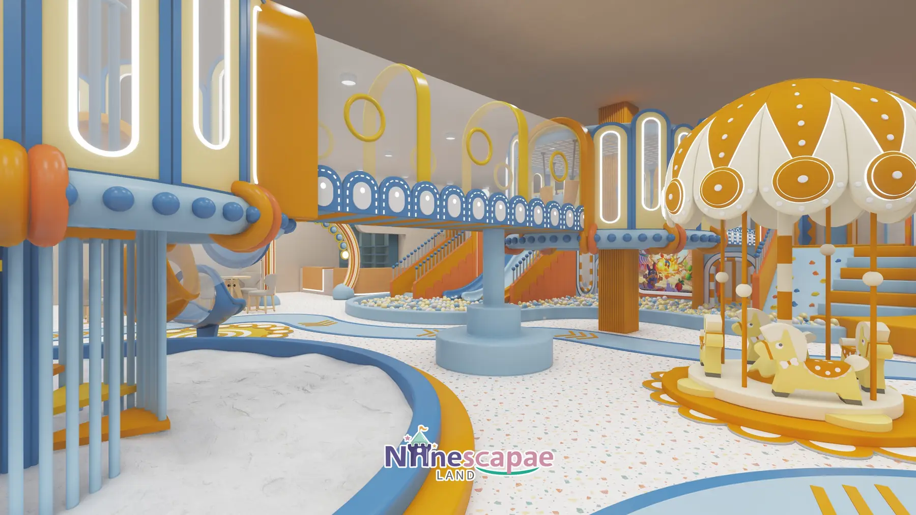 the USA - Central sand pool with yellow-canopy carousel