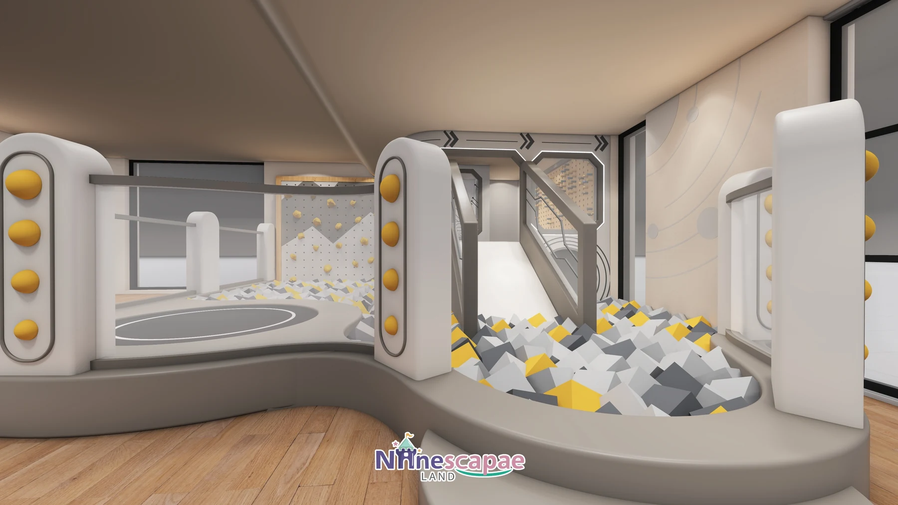 China (Chengdu) - Panorama - cabin, white slide, capsule columns, foam pit and round trampoline