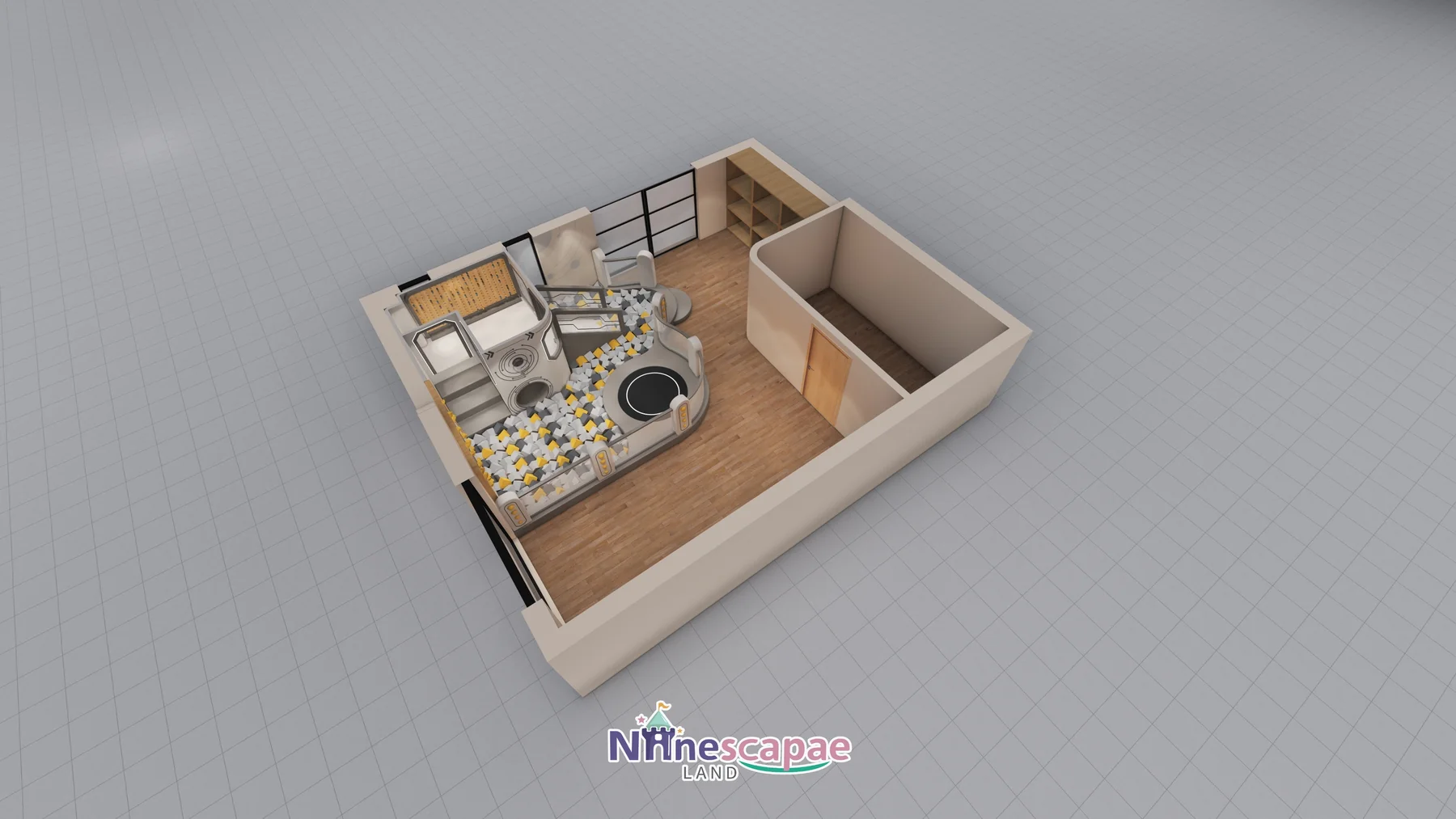 Chengdu 47sqm soft play - aerial cutaway of the space cabin, white slide and foam block pit