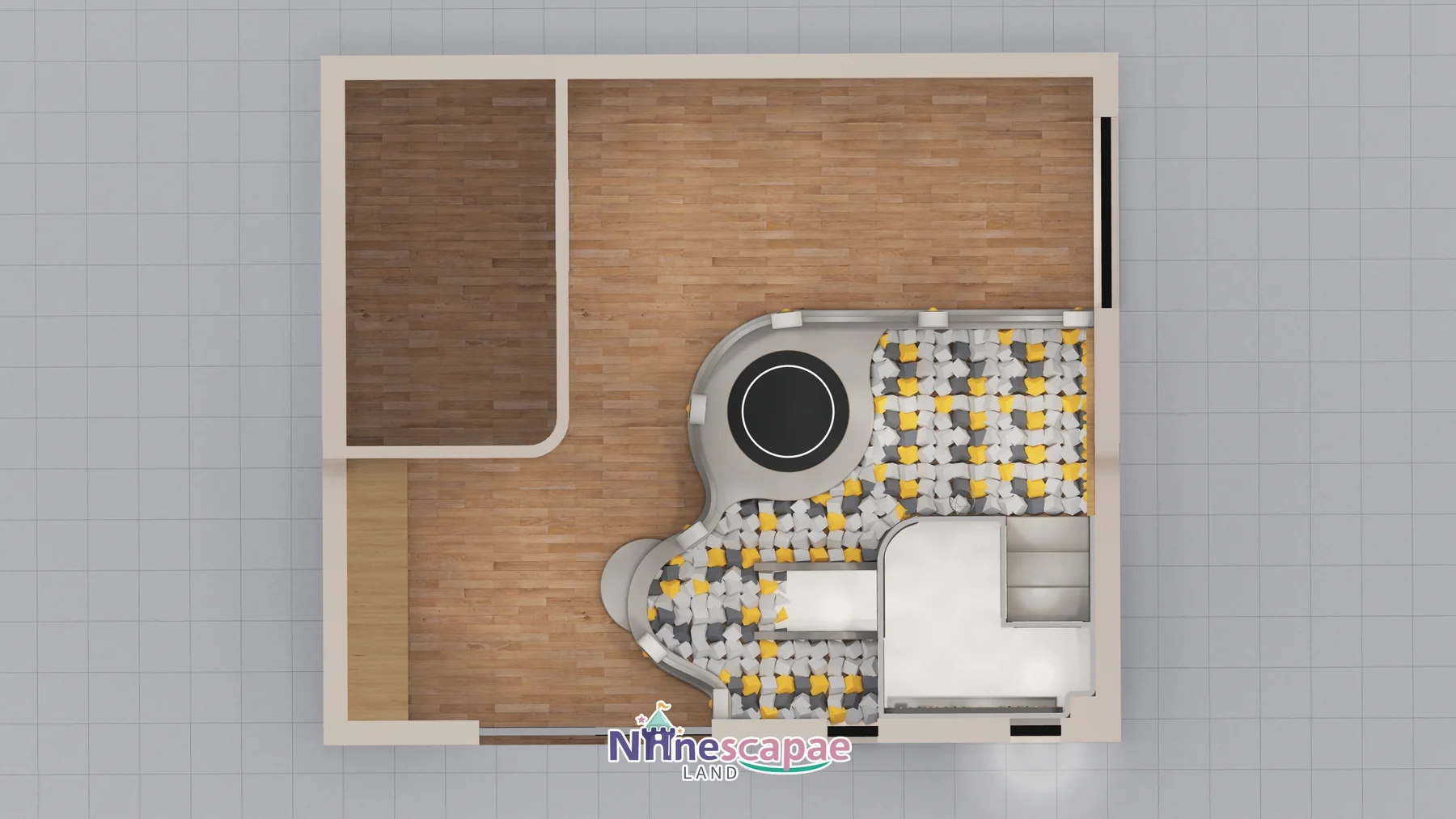 Chengdu 47sqm soft play - top-view floor plan with the play circuit and corridor