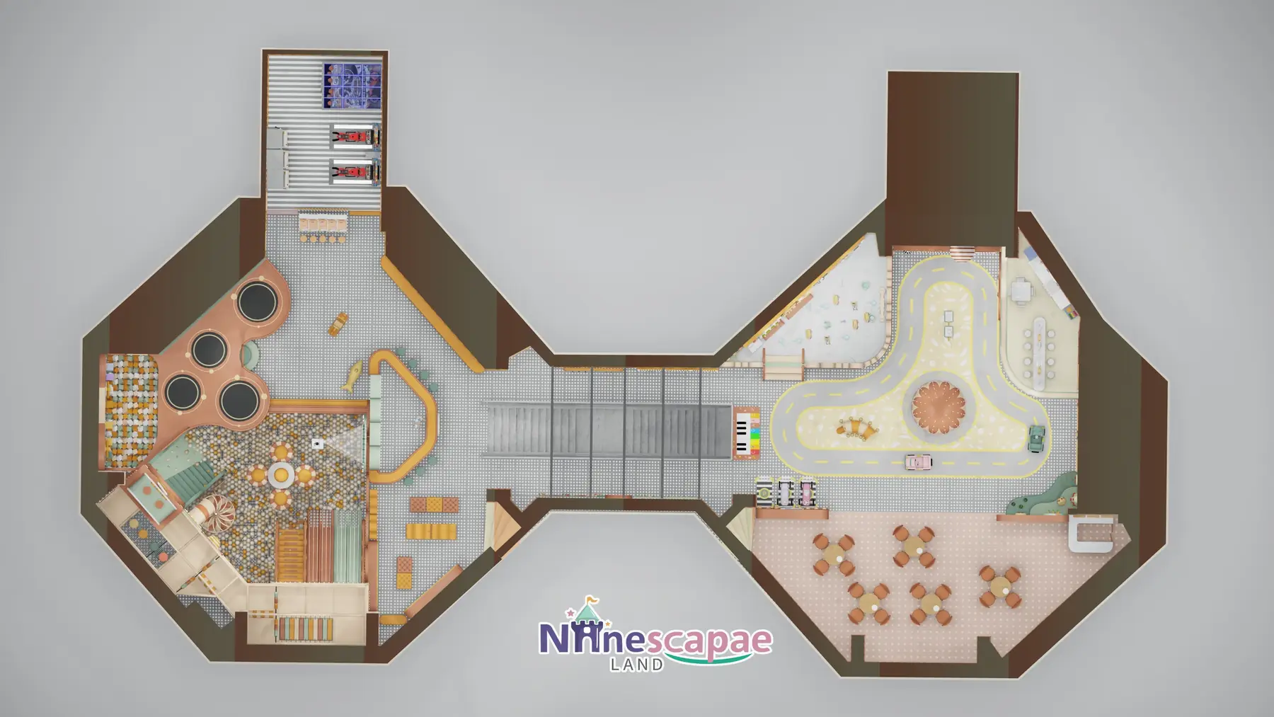 Romania 490sqm indoor playground - top-view floor plan of the two-wing layout