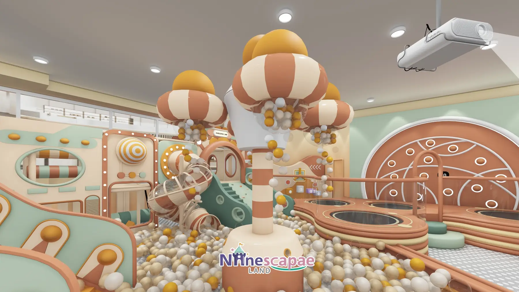 Romania 490sqm playground - ball pool, mushroom columns and trampoline platform panorama