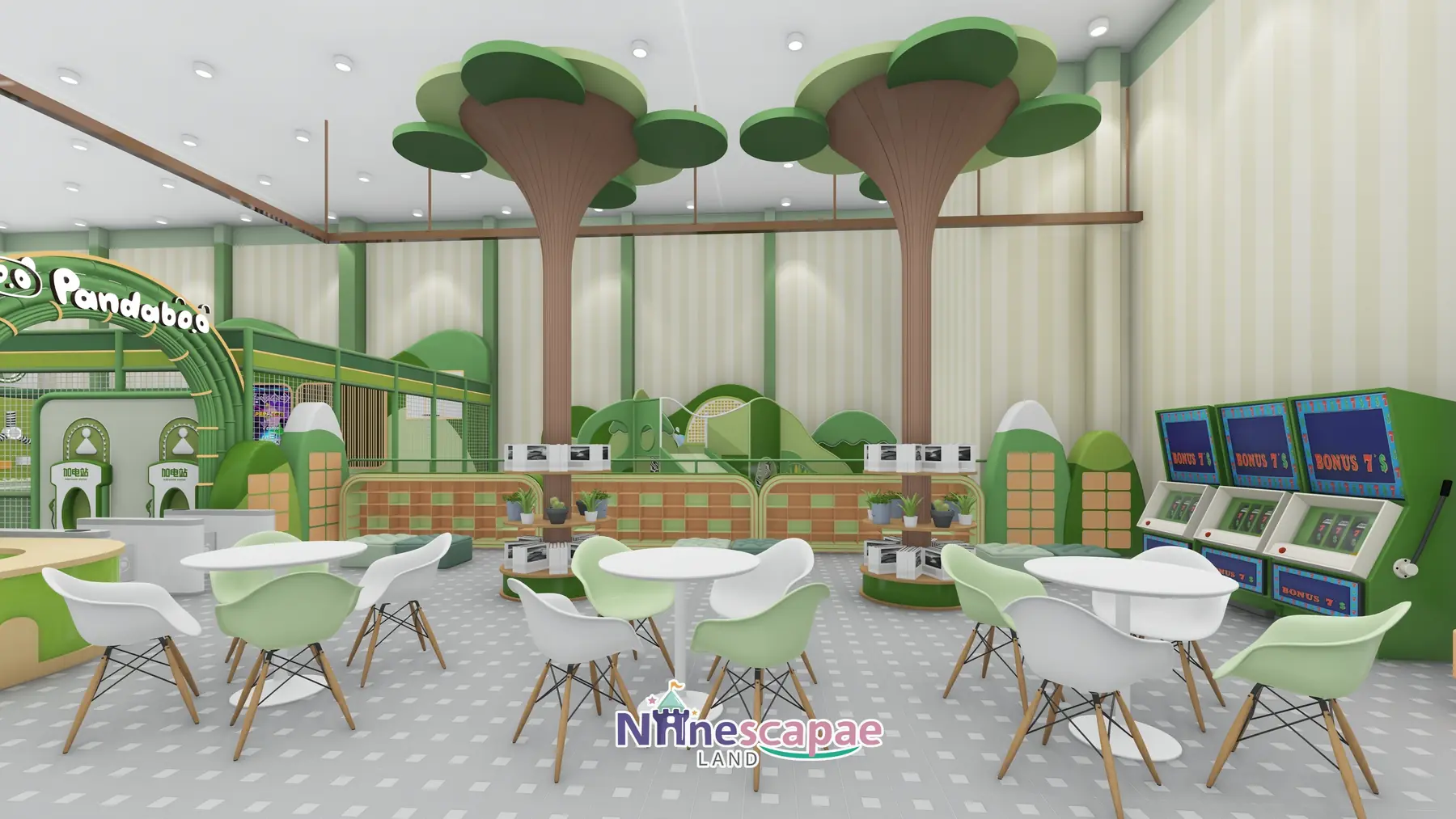 500㎡ Indoor Playground Project in Serbia indoor playground Serbia 10 Serbia - Dining area with artificial trees and BONUS T arcade machines