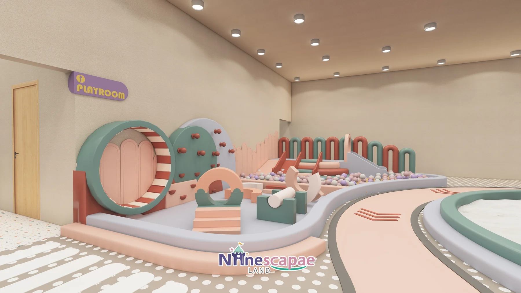 523㎡ Indoor Playground Project in the USA indoor playground USA 4 the USA - PLAYROOM toddler soft-play area with crawl tube and seesaw